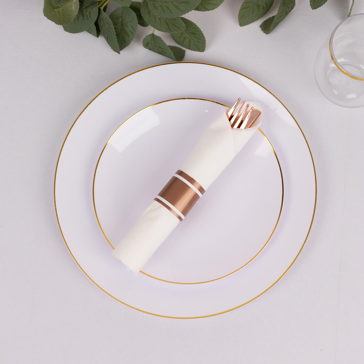 Set of 24 Pre Rolled Plastic Silverware Sets in Rose Gold with White Paper Napkins, Disposable Wrapped Cutlery Set - 24 Napkins, 24 Spoons, 24 Forks and 24 Knives