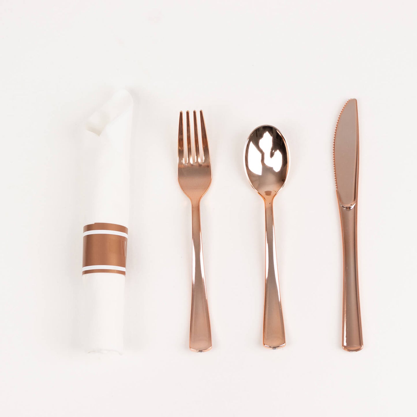 Set of 24 Pre Rolled Plastic Silverware Sets in Rose Gold with White Paper Napkins, Disposable Wrapped Cutlery Set - 24 Napkins, 24 Spoons, 24 Forks and 24 Knives