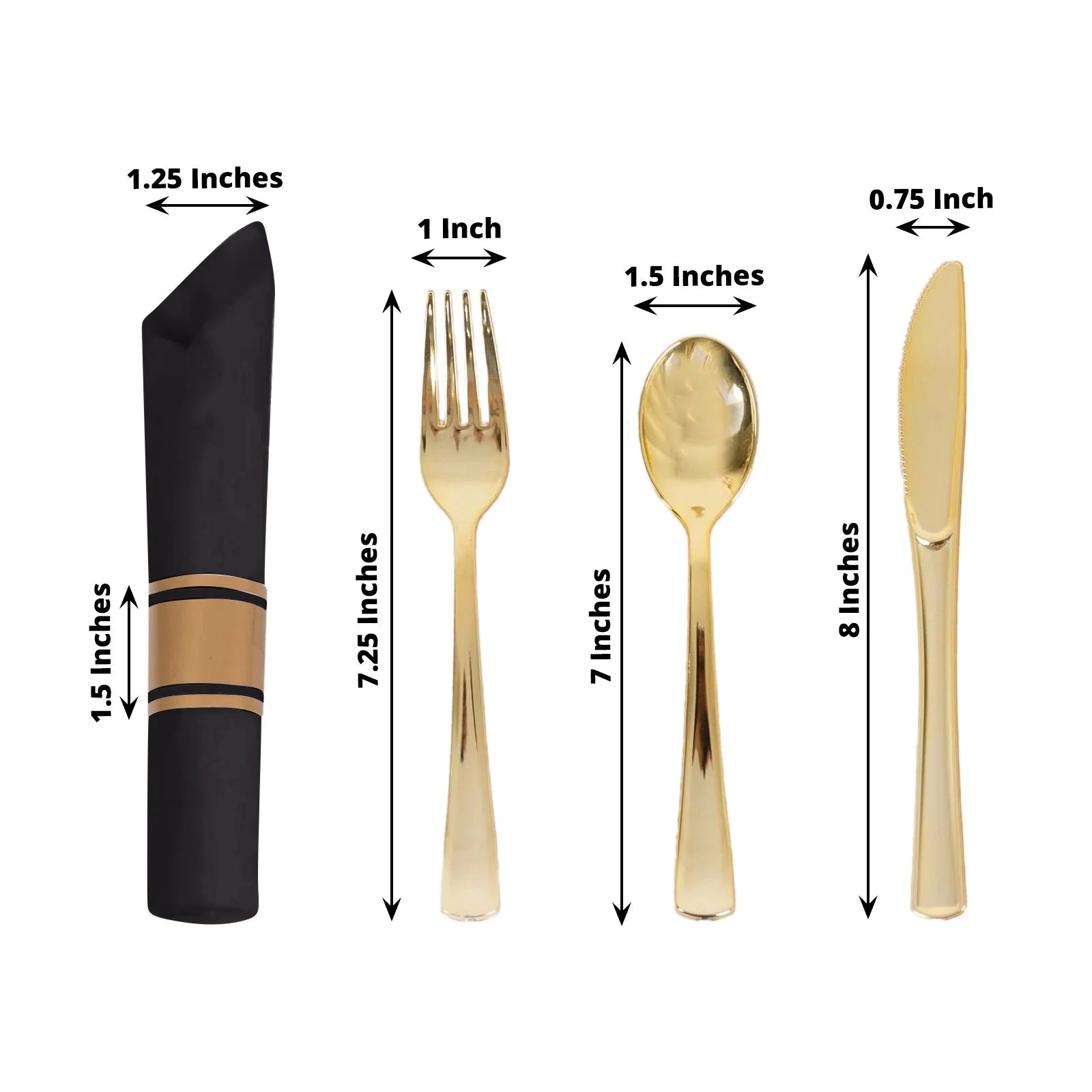 Gold disposable cutlery set with black paper napkins, 24 pieces total.