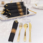 Gold disposable cutlery set with black paper napkins, elegantly arranged.