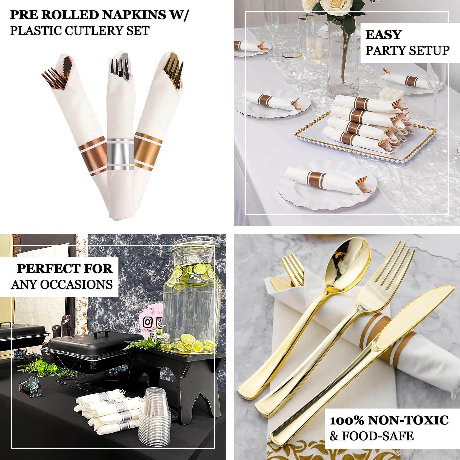 Set of 24 Pre Rolled White Paper Napkins with Rose Gold Plastic Silverware, Disposable Wrapped Cutlery Set - 24 Napkins, 24 Spoons, 24 Forks and 24 Knives