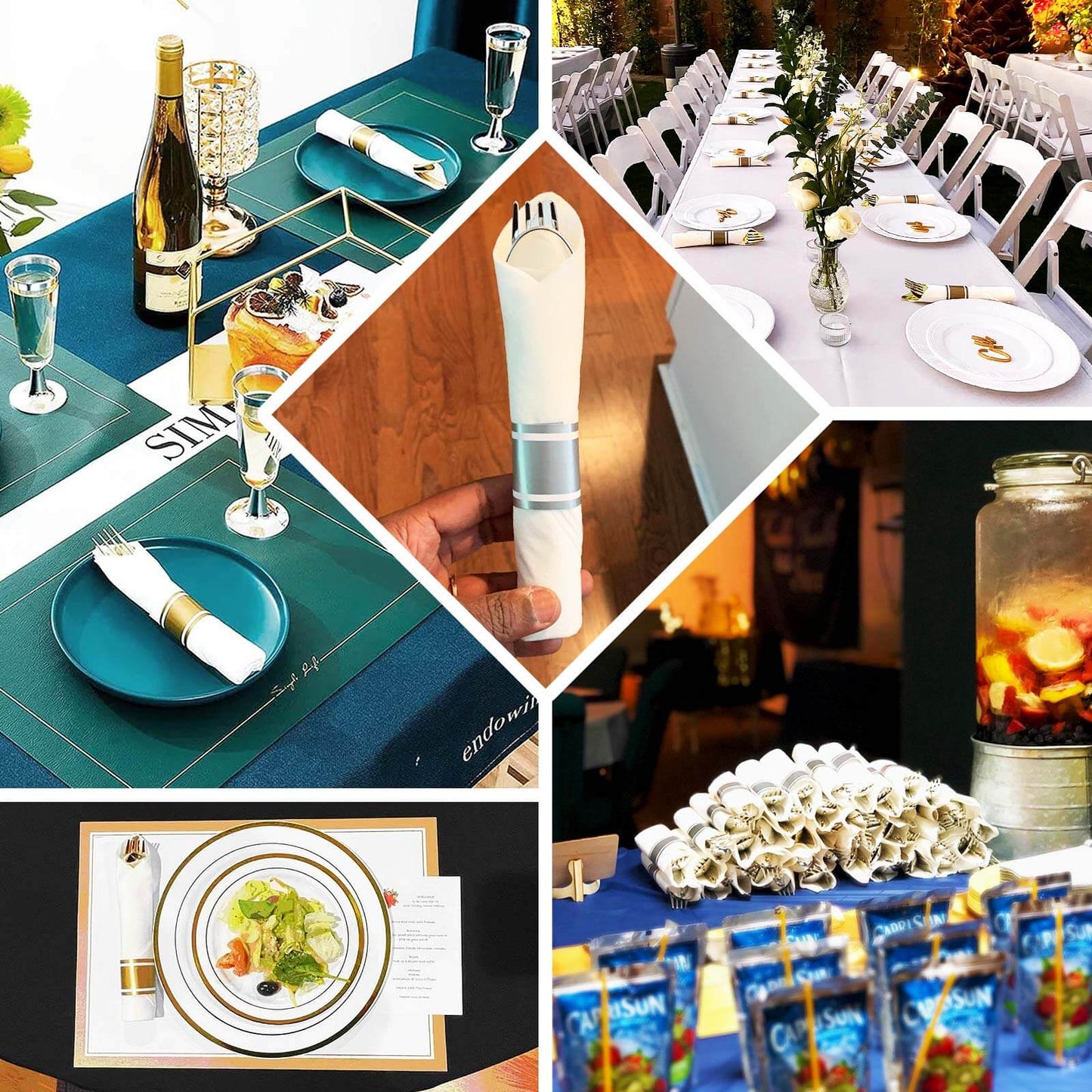 Set of 24 Pre Rolled White Paper Napkins with Rose Gold Plastic Silverware, Disposable Wrapped Cutlery Set - 24 Napkins, 24 Spoons, 24 Forks and 24 Knives