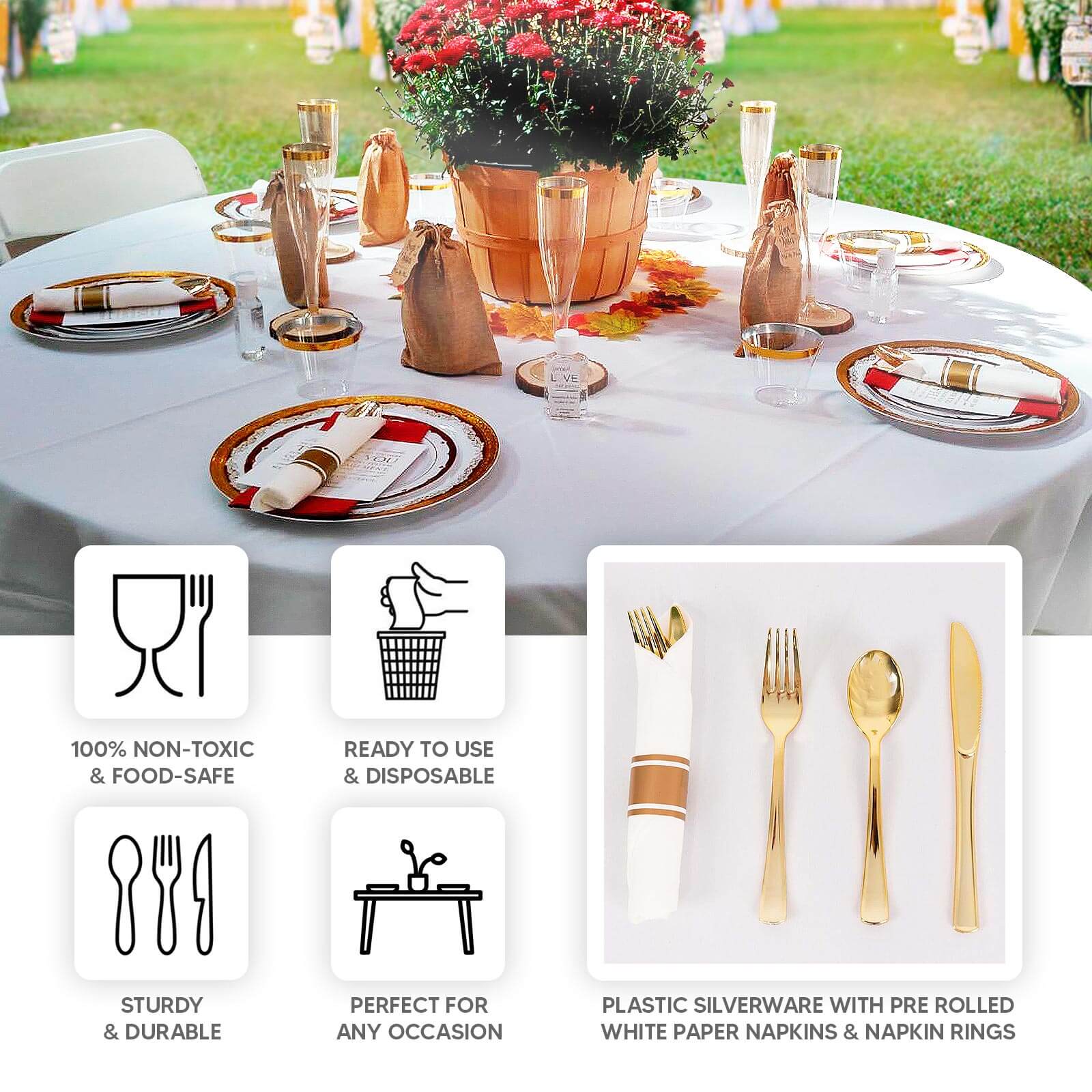 Gold plastic silverware set with white napkins for elegant disposable dining.