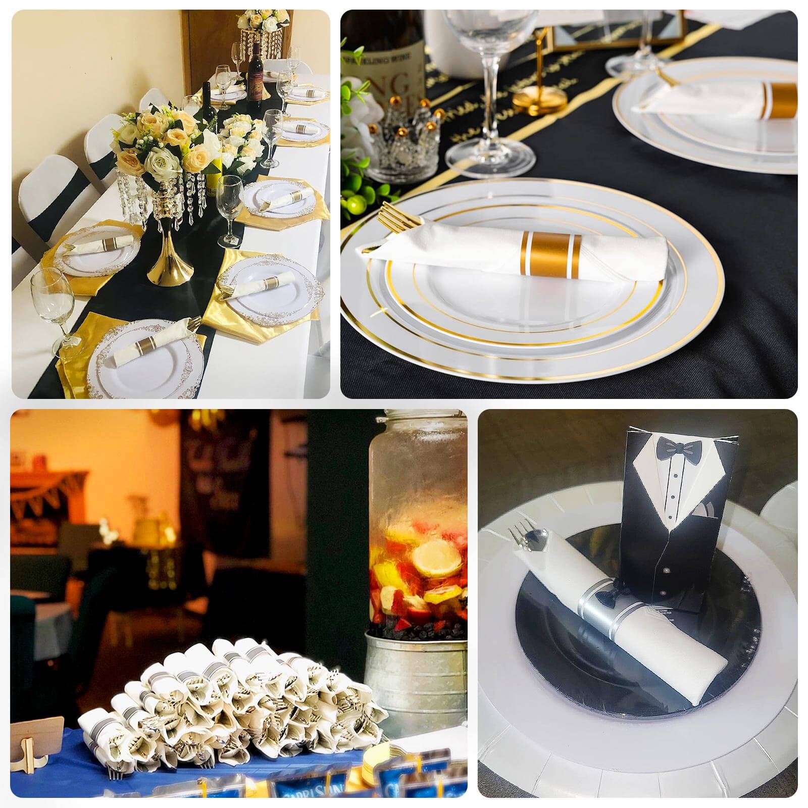 Gold disposable cutlery set with white napkins on a decorated table.