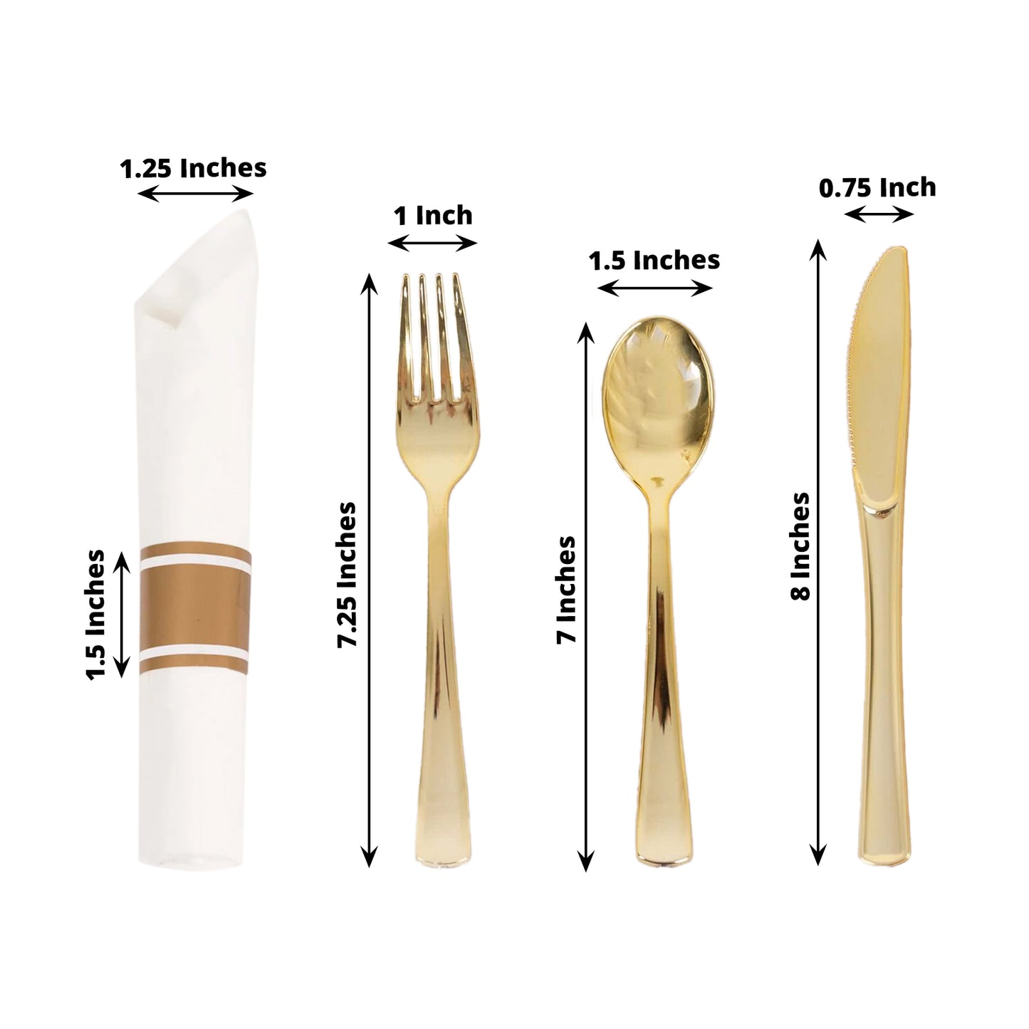 Gold disposable silverware set with white napkins.