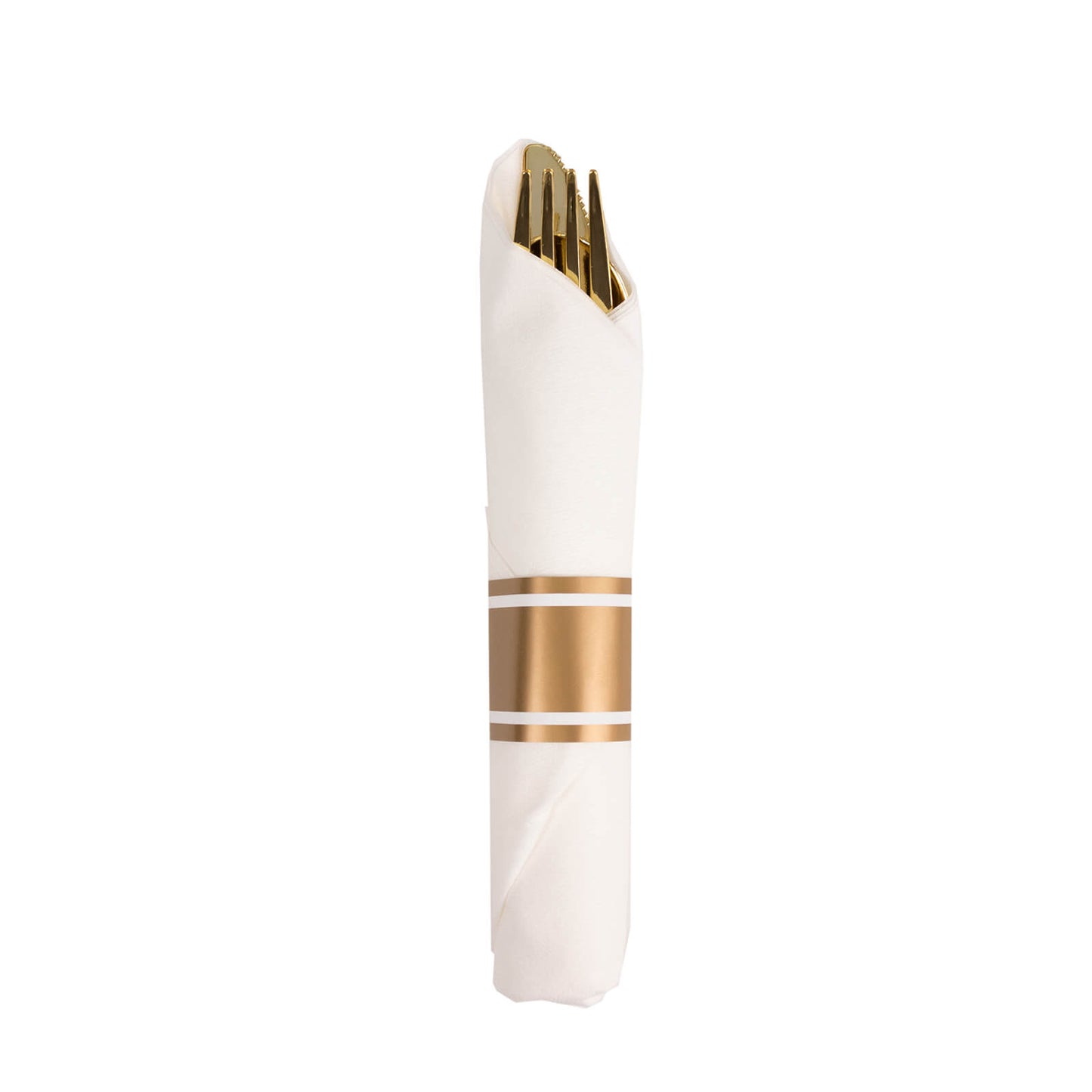 Gold pre-rolled cutlery set with white napkin, wrapped and ready for use.
