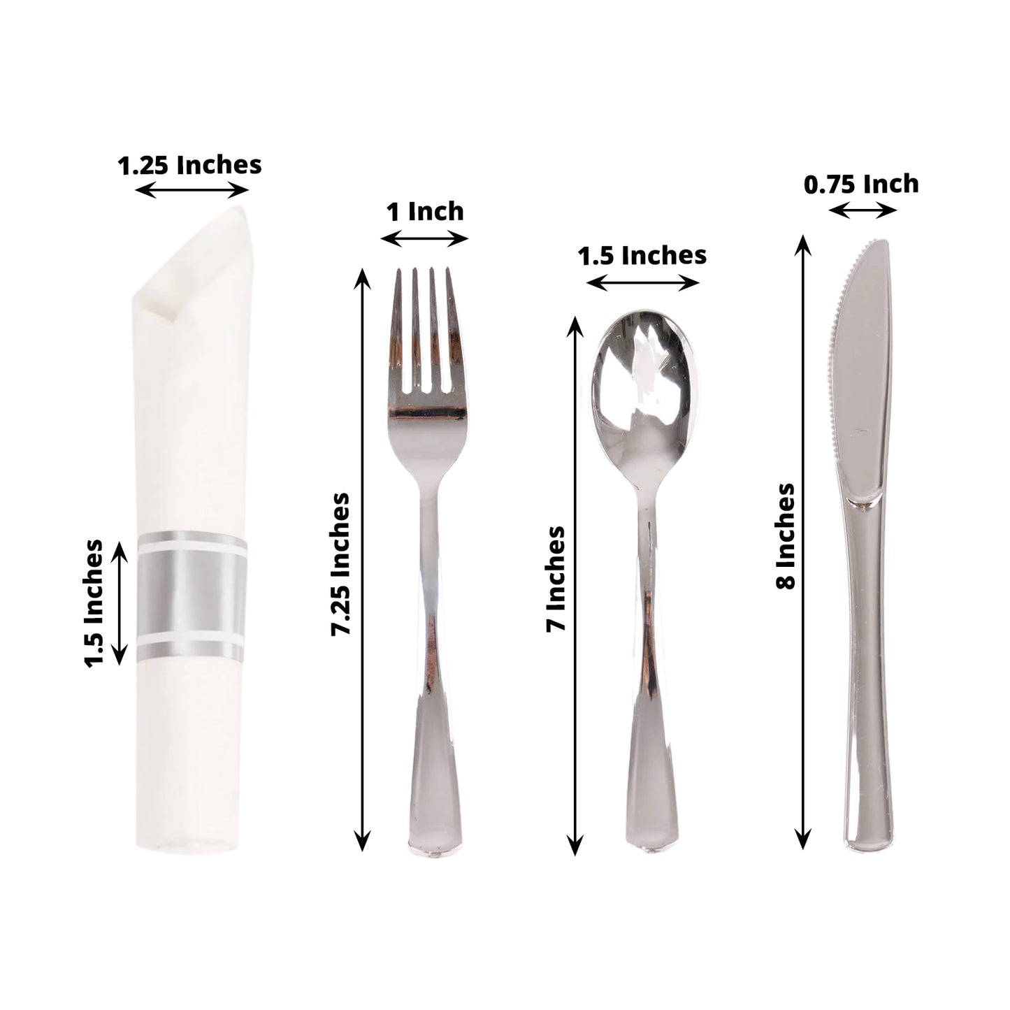 Set of 24 silver disposable cutlery with white napkins.