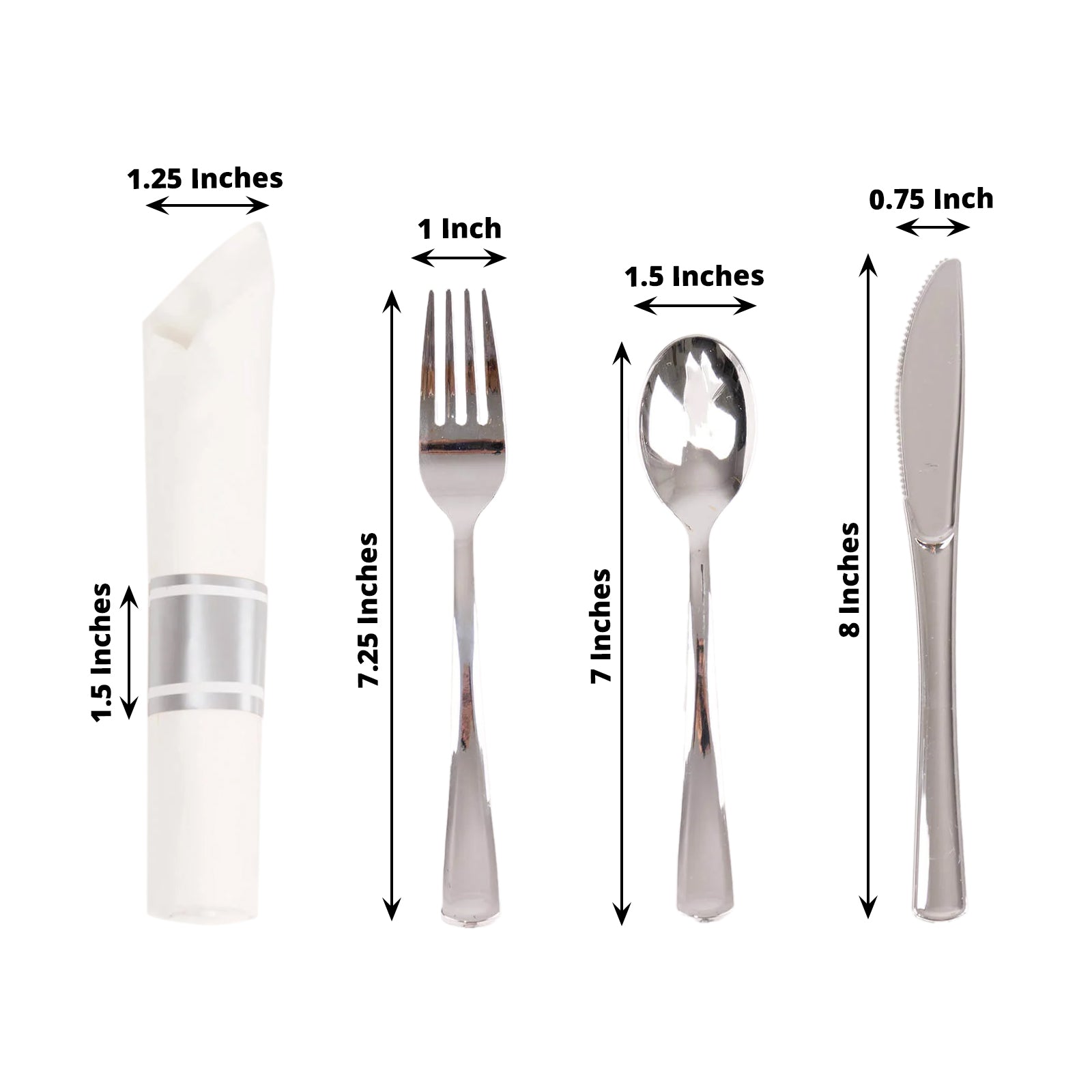 Set of 24 silver disposable cutlery with white napkins.
