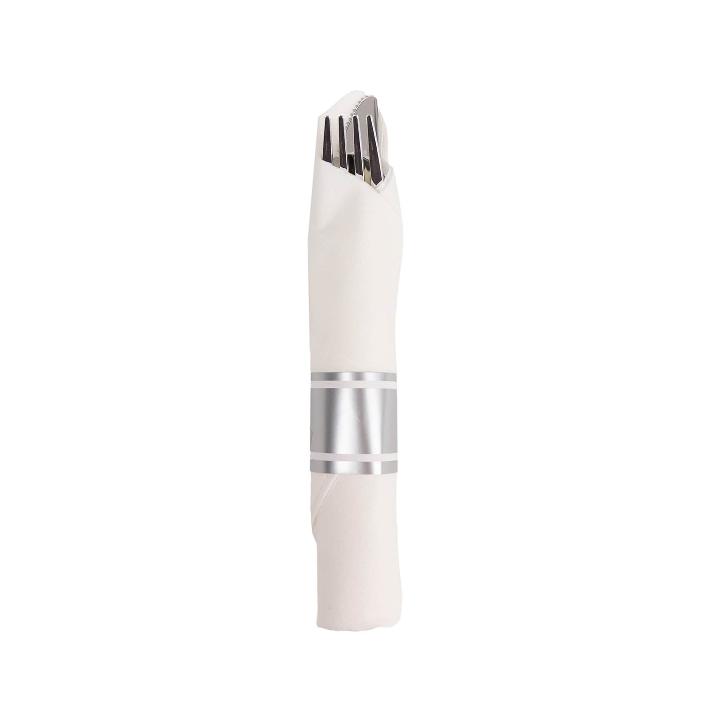 Set of 24 silver pre-rolled cutlery sets with white napkins.