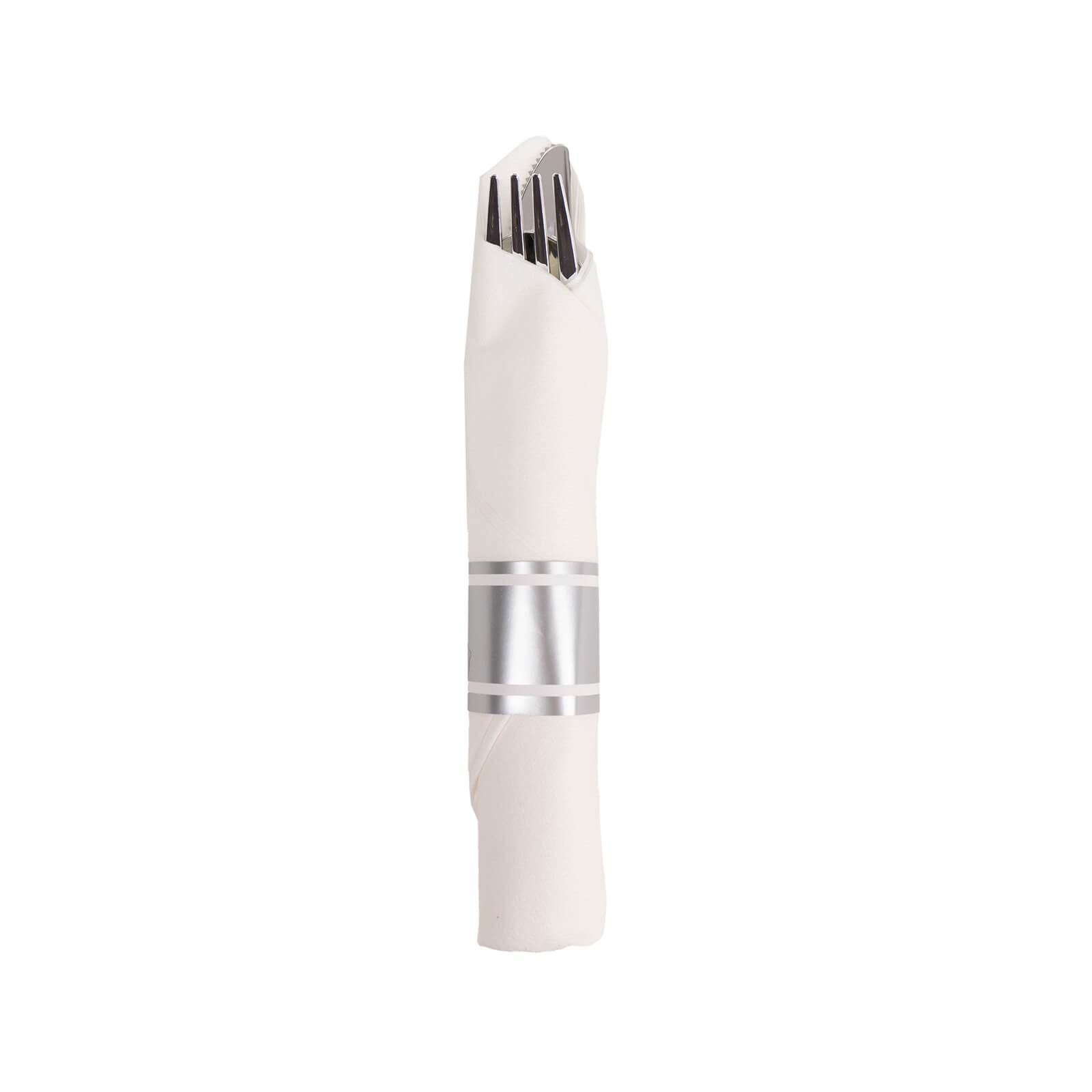 Set of 24 silver pre-rolled cutlery sets with white napkins.