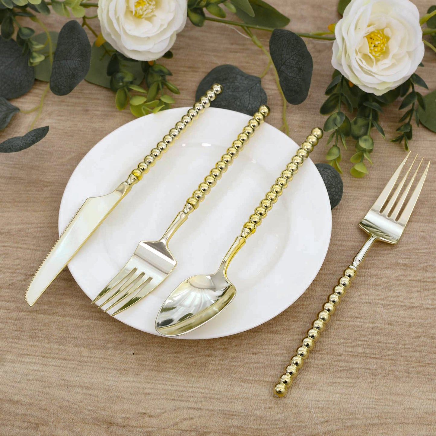 60-Pack Gold Plastic Cutlery Set with Beaded Handles - Heavy Duty Disposable Silverware