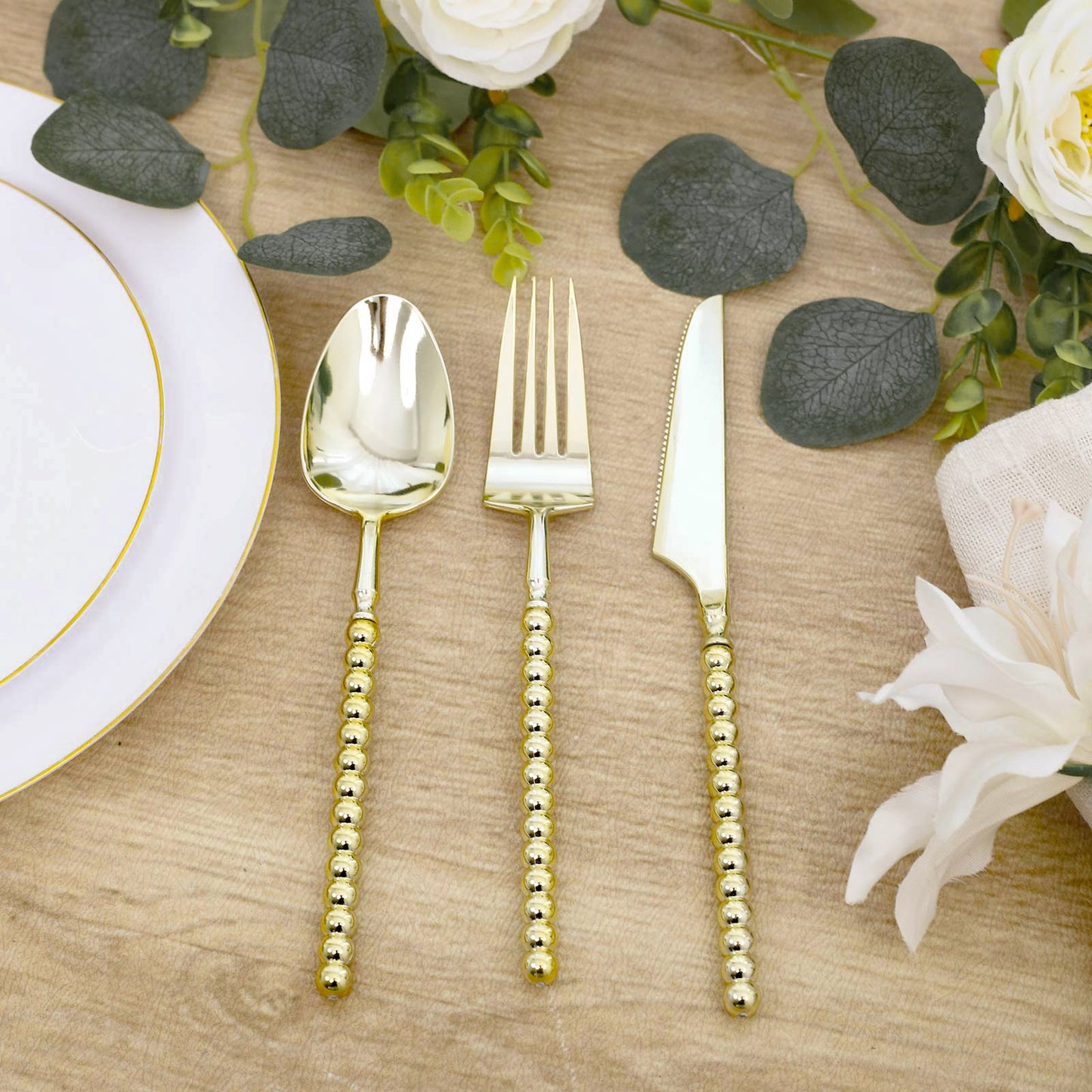60-Pack Gold Plastic Cutlery Set with Beaded Handles - Heavy Duty Disposable Silverware