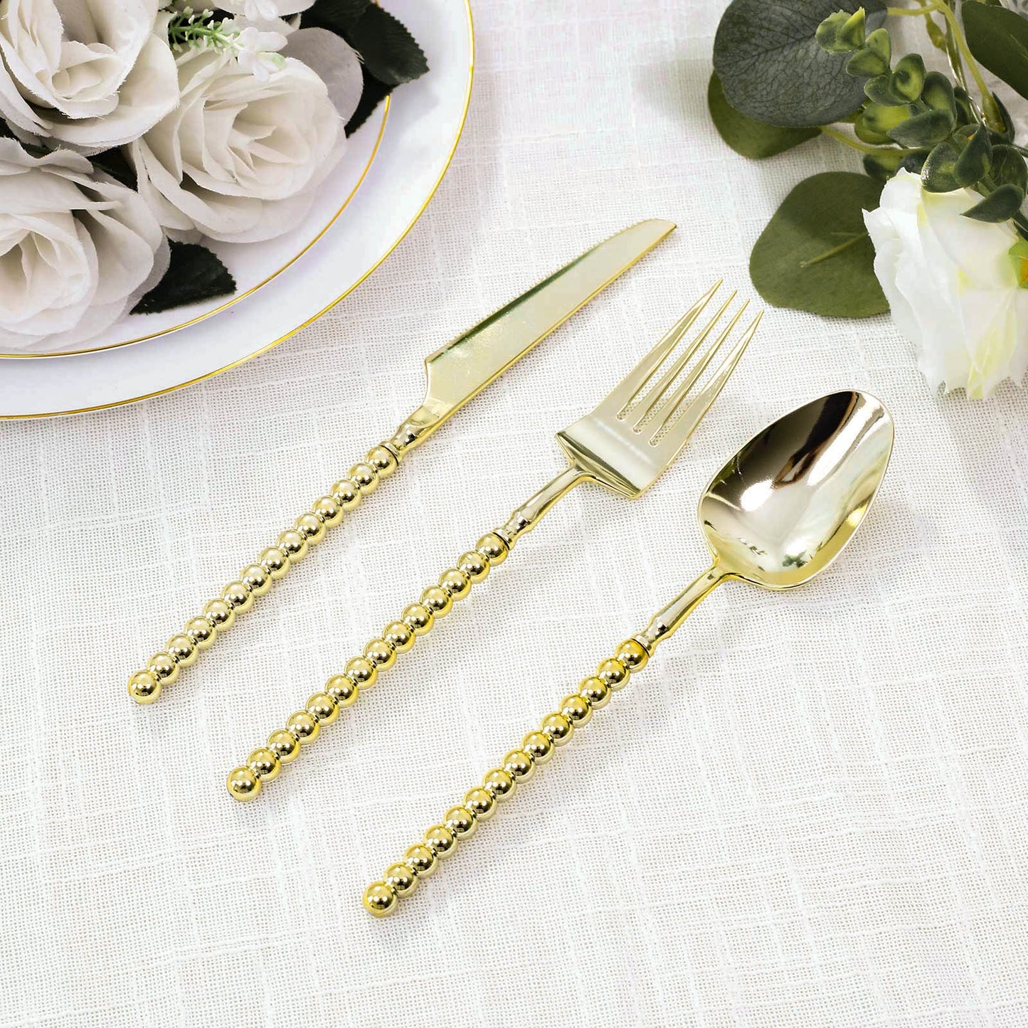 60-Pack Gold Plastic Cutlery Set with Beaded Handles - Heavy Duty Disposable Silverware