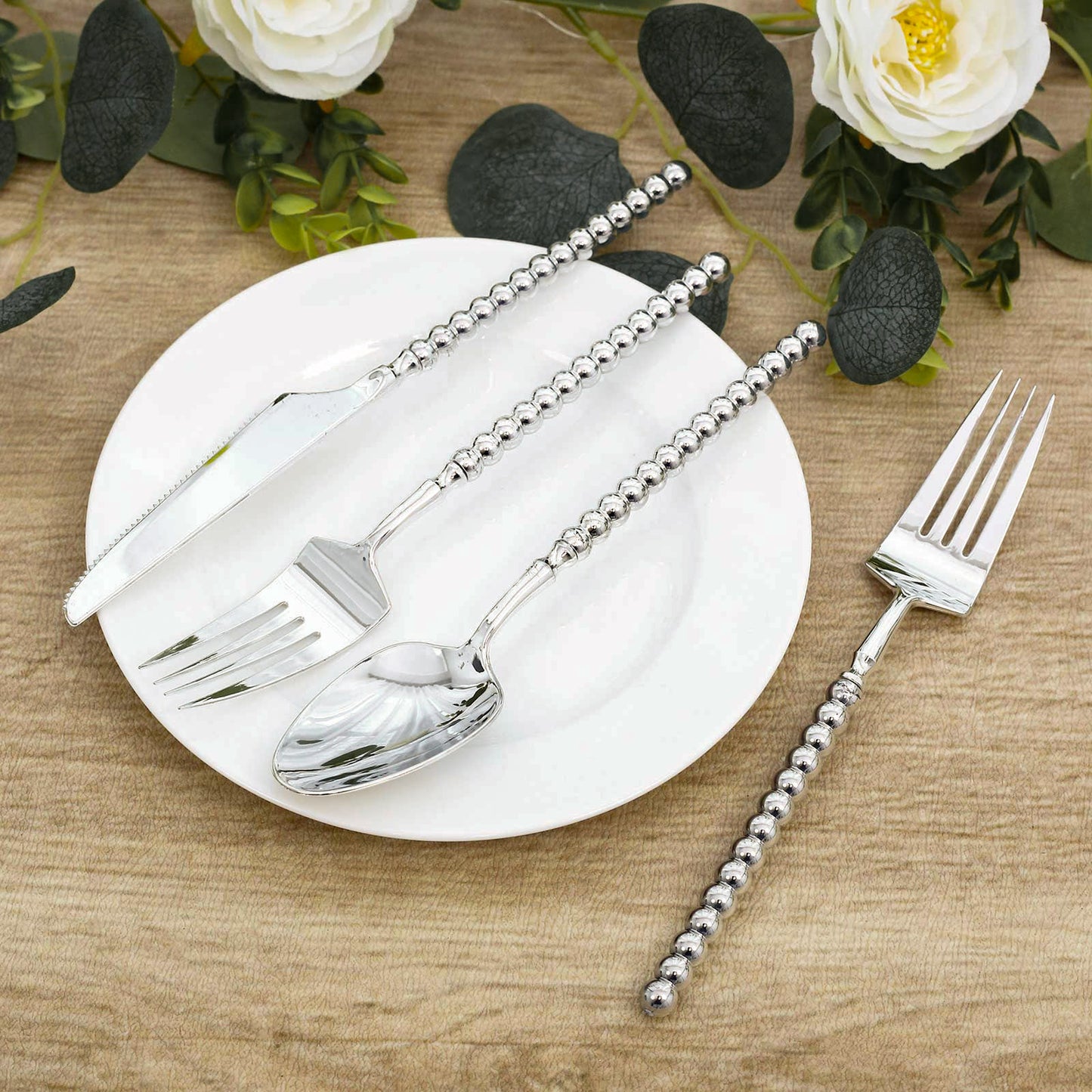 60-Pack Silver Plastic Cutlery Set with Beaded Handles - Heavy Duty Disposable Silverware