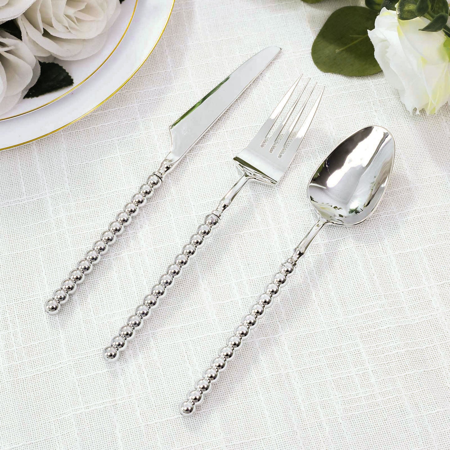 60-Pack Silver Plastic Cutlery Set with Beaded Handles - Heavy Duty Disposable Silverware