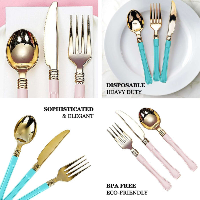 Gold Heavy Duty Plastic Knives with Blush Handle, Disposable Silverware Set