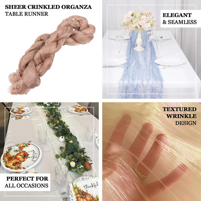 Dusty rose sheer crinkled organza table runner with textured wrinkle design.