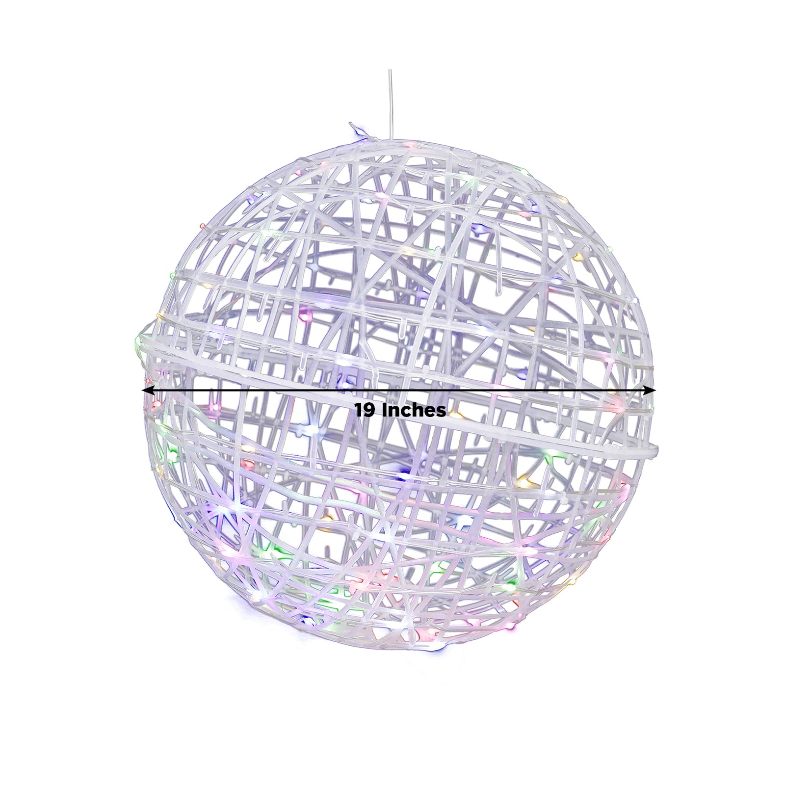 White woven rattan orb with multicolor LEDs, 19 inches in diameter.
