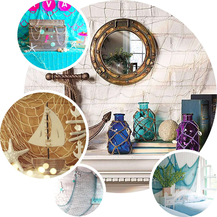 Natural cotton decorative fish net in rustic beach decor style.