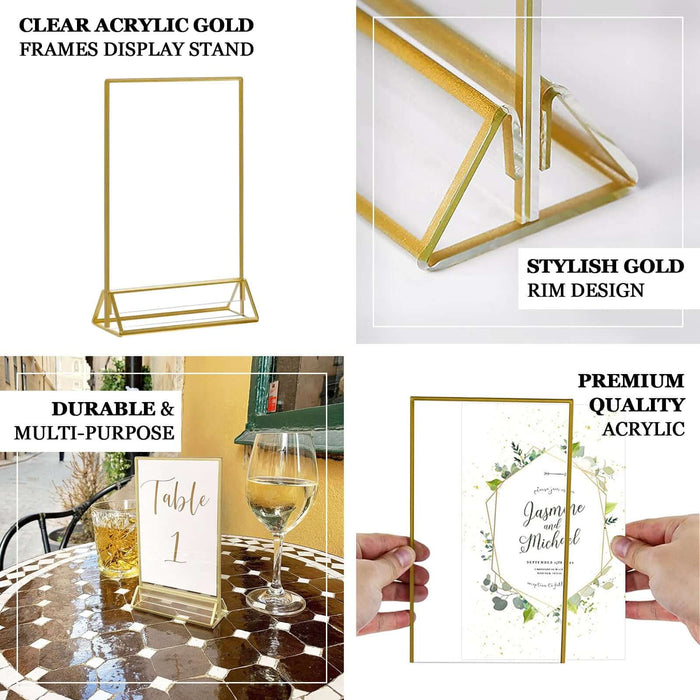 6 Pack | 5"x9" Gold Frame Acrylic Freestanding Table Sign Holders, Double Sided Number, Picture, Menu Display Stands