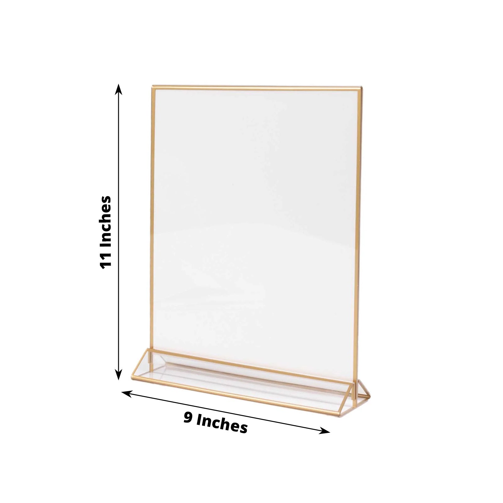 Gold freestanding table display stand, 9"x11", double-sided clear sign holder.