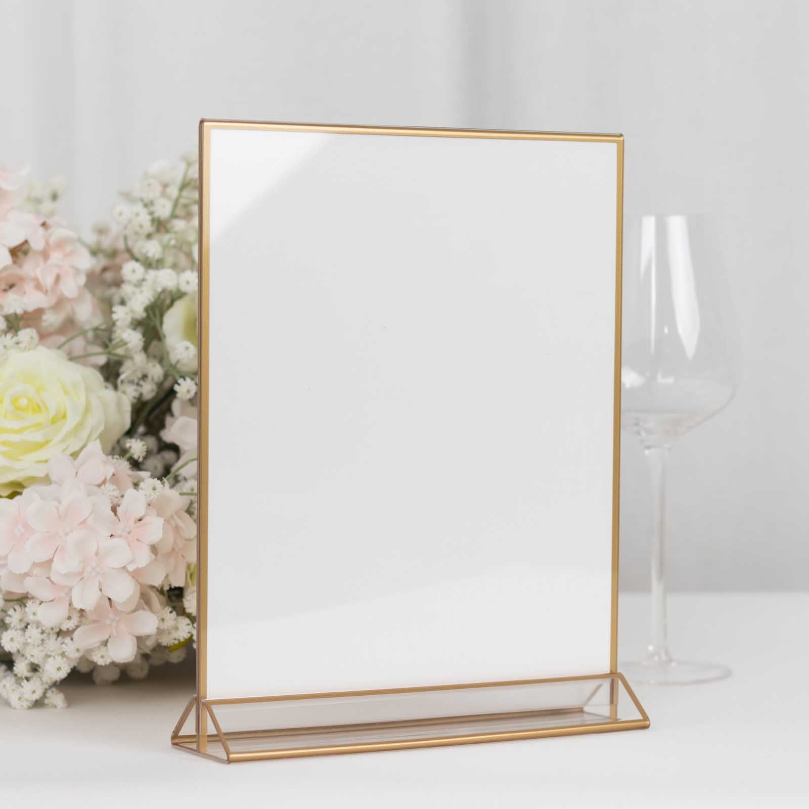 Gold freestanding table display stand for menus or pictures, 9"x11", double-sided.