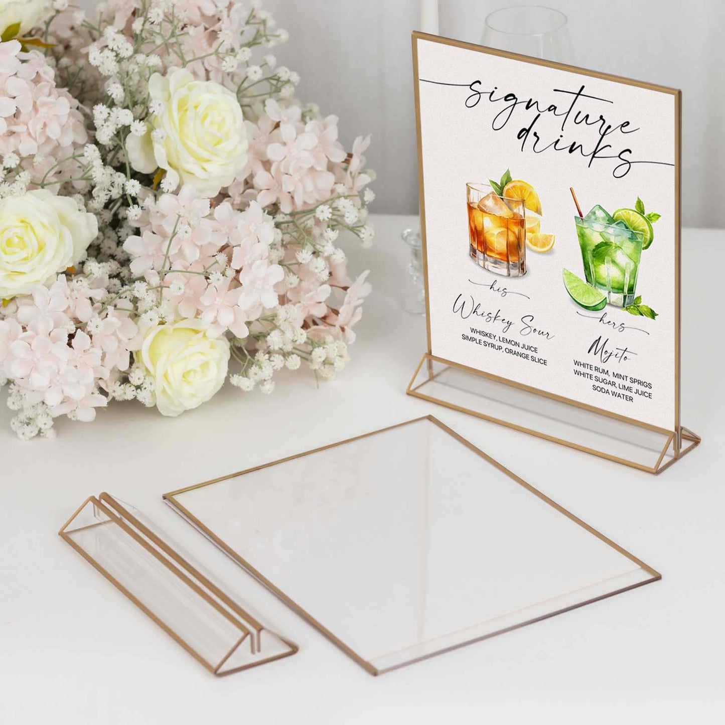 Gold freestanding table display stand with clear menu sign holder.