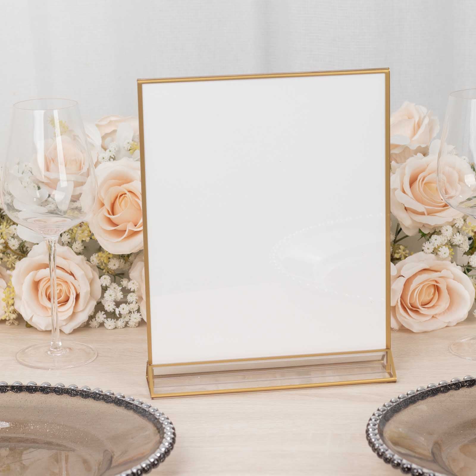 Gold freestanding table display stand for menu or picture, double-sided, 9"x11".