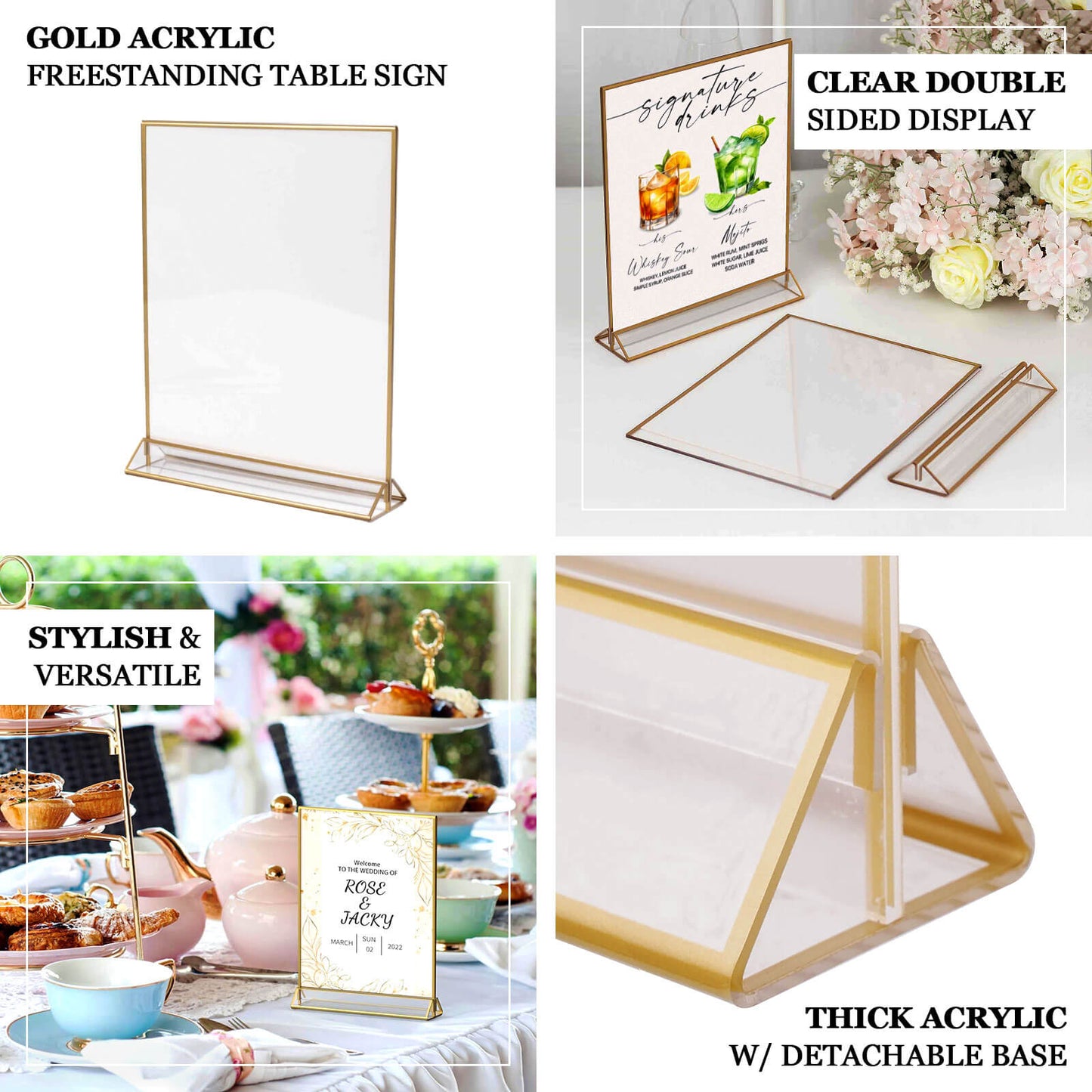 Gold acrylic freestanding table display stands for menus or pictures.