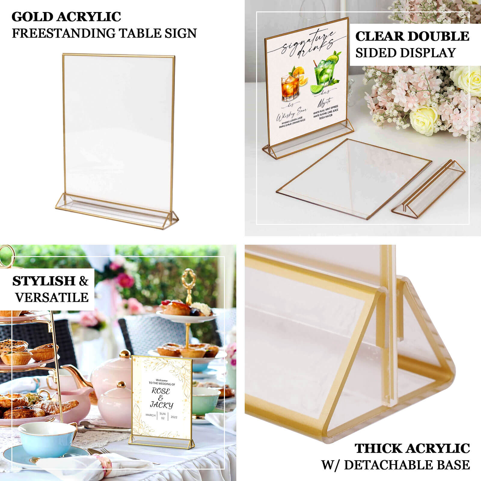 Gold acrylic freestanding table display stands for menus or pictures.