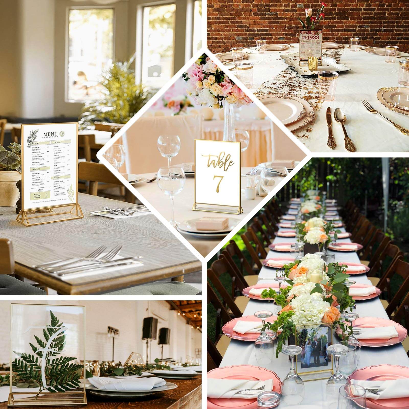 Gold freestanding table display stands for menus and signs.