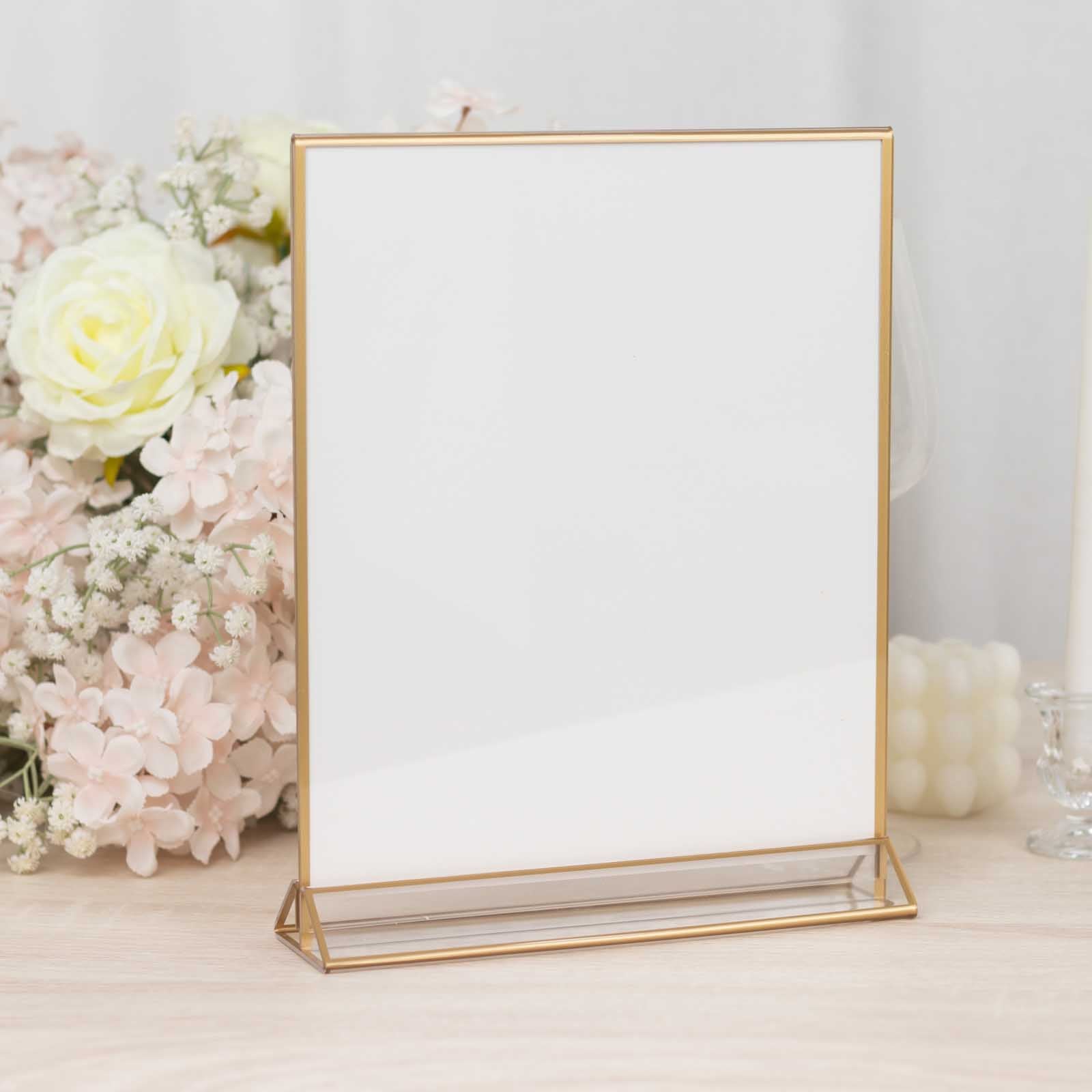 Gold freestanding acrylic table display stand for signs or menus.