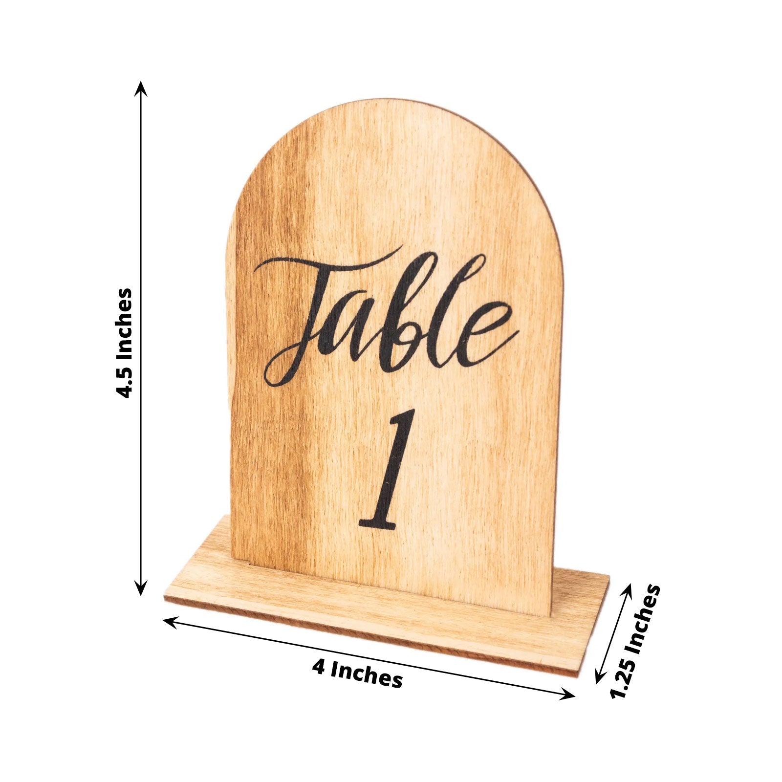 Natural wood table number 1, 4.5 inches tall for weddings and events.