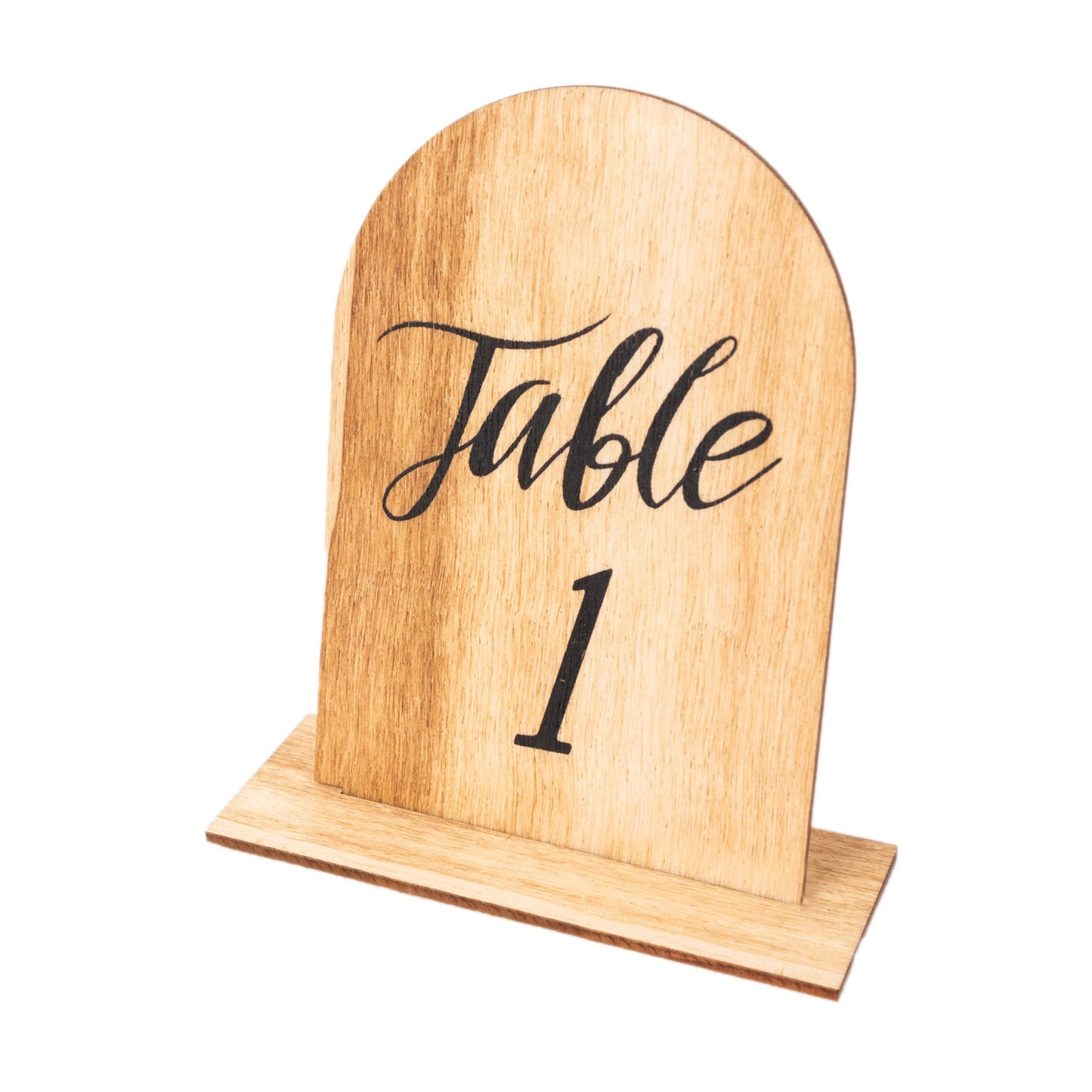Natural rustic wooden table number display for events, showing "Table 1.