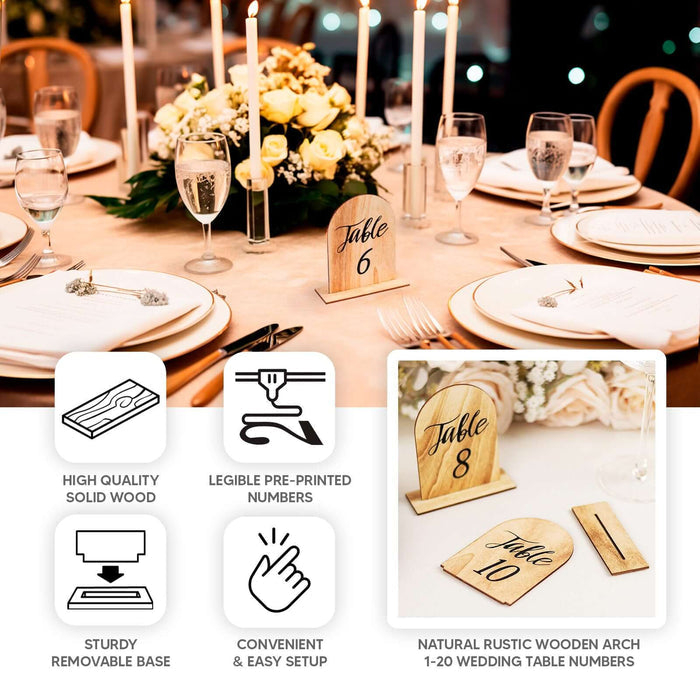 Natural rustic wooden arch table numbers for weddings and events.