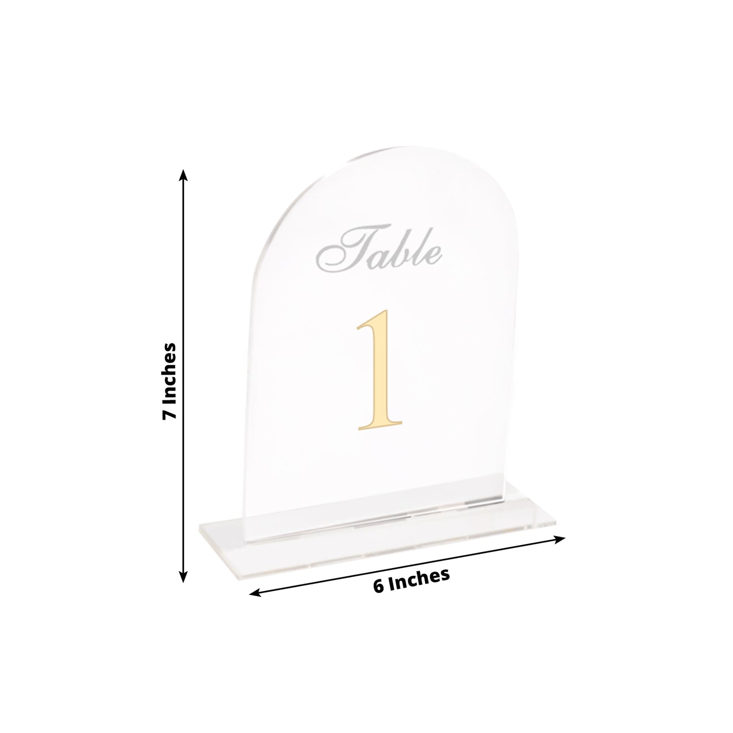 Clear arch acrylic table number sign in gold print, measuring 6"x7".