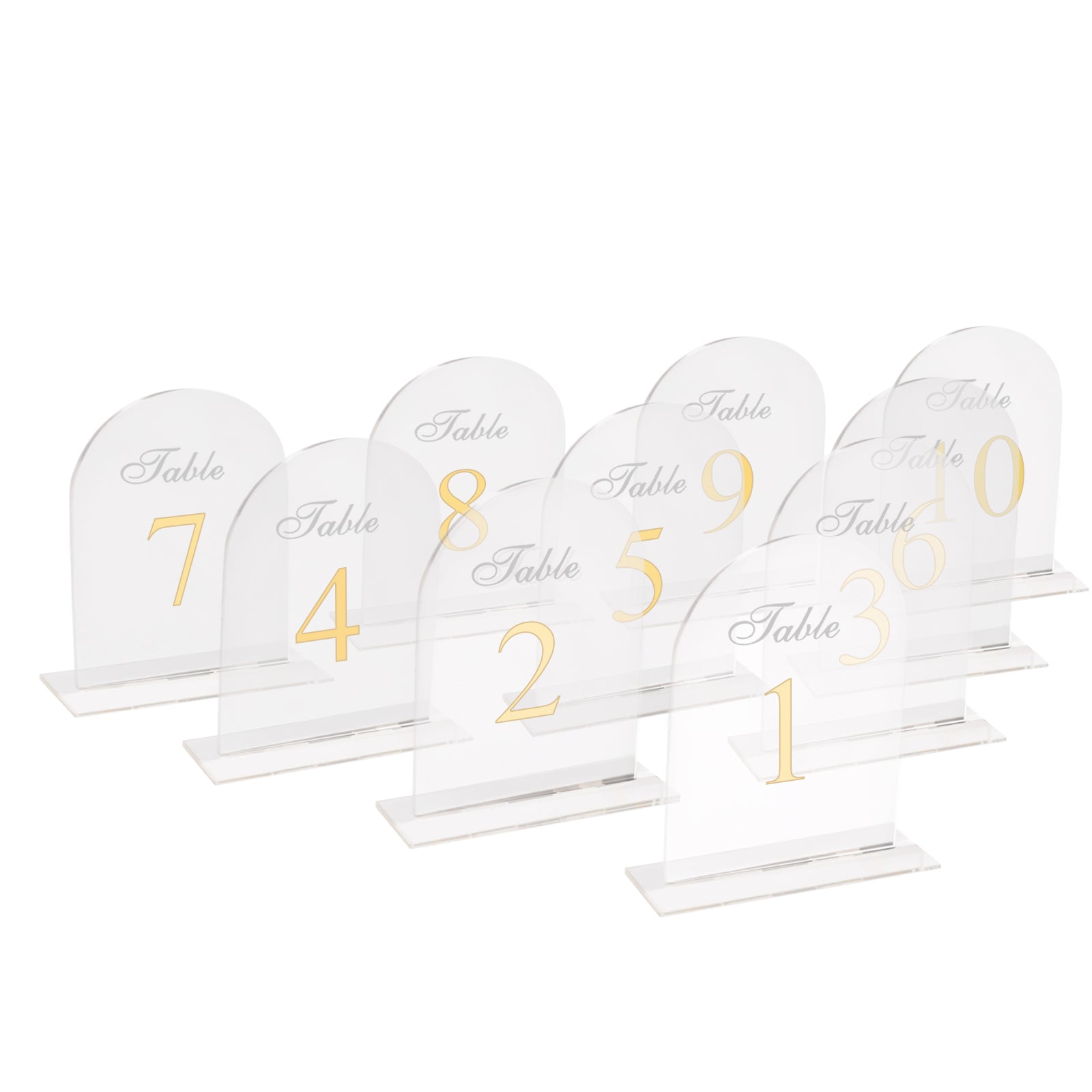 Clear arch acrylic table numbers with gold print for weddings.
