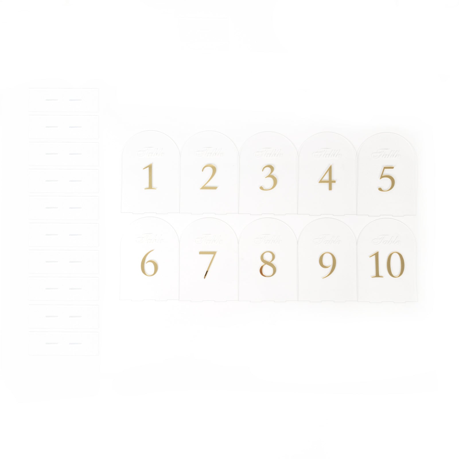 Clear arch acrylic table numbers with gold print, 6"x7", wedding reception signs.