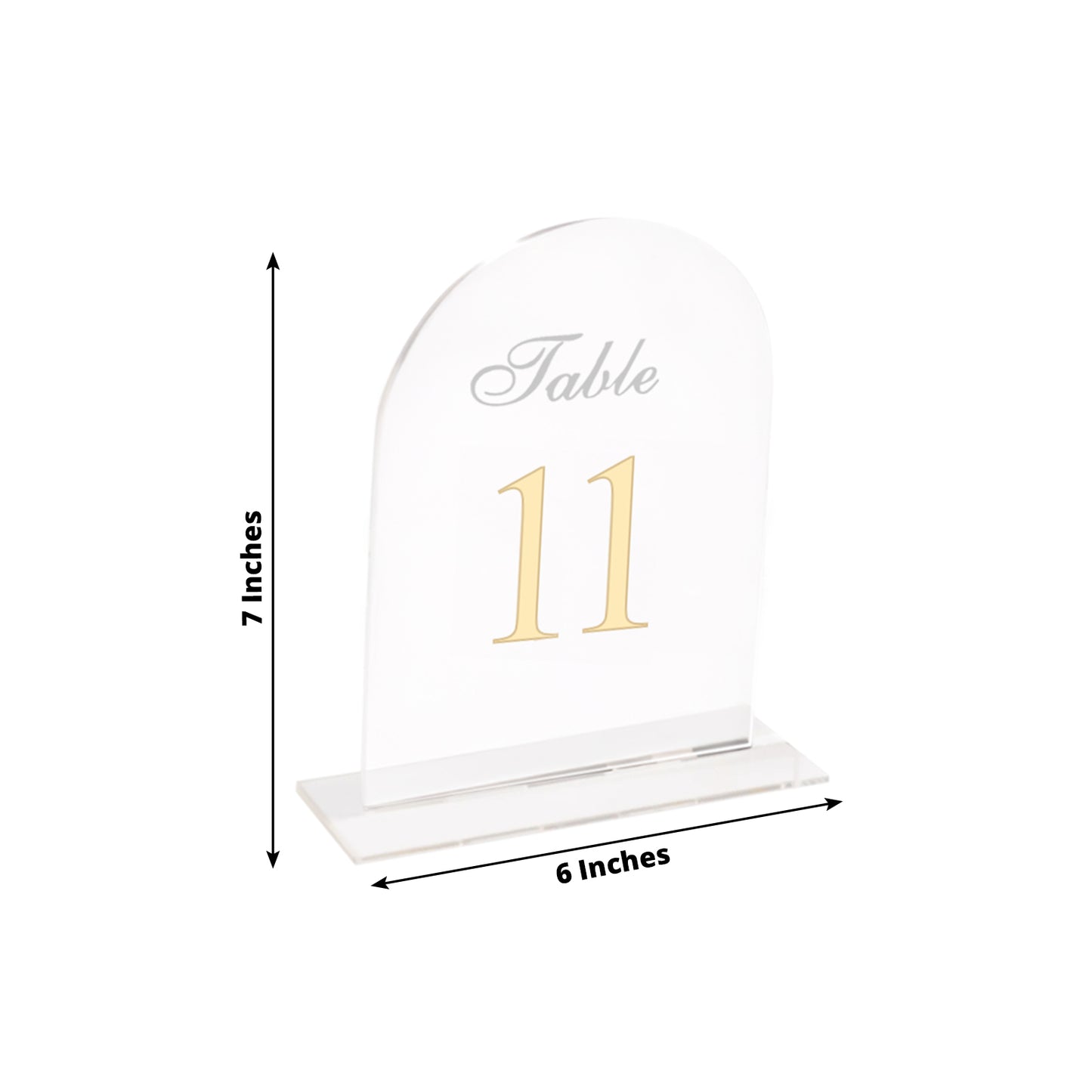 Clear arch acrylic table number sign with gold print, 6"x7", for weddings.