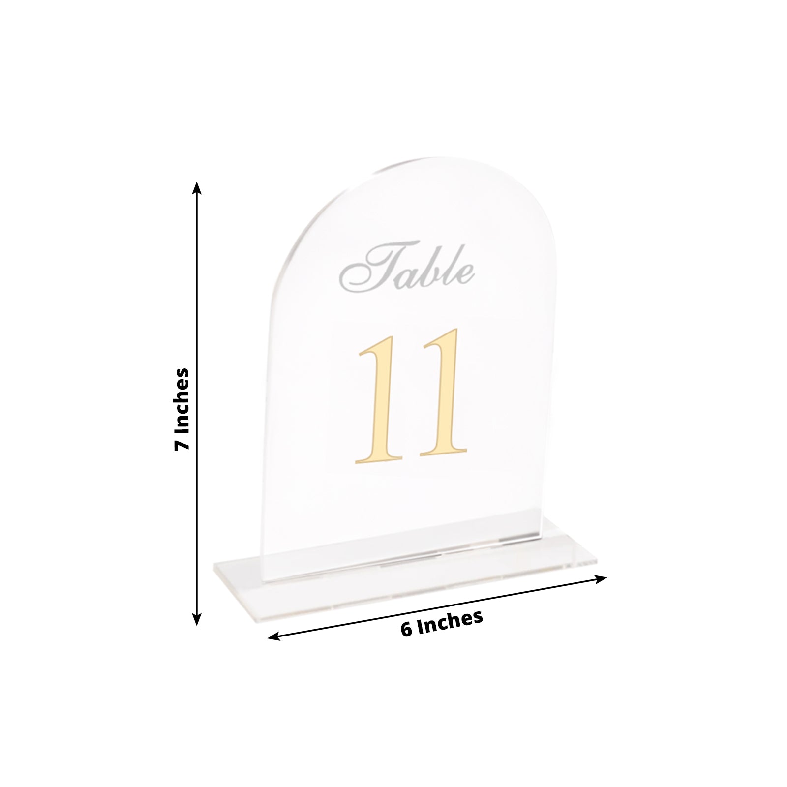Clear arch acrylic table number sign with gold print, 6"x7", for weddings.