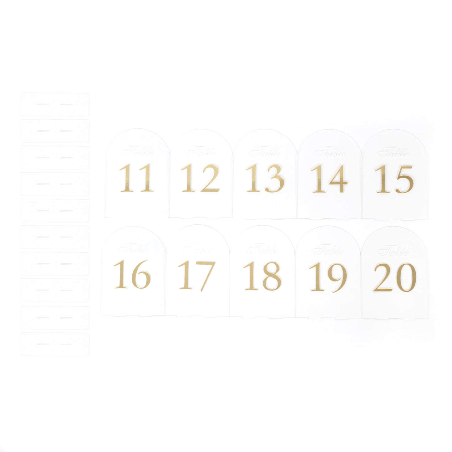 Clear arch acrylic table numbers with gold print for weddings, 11-20.