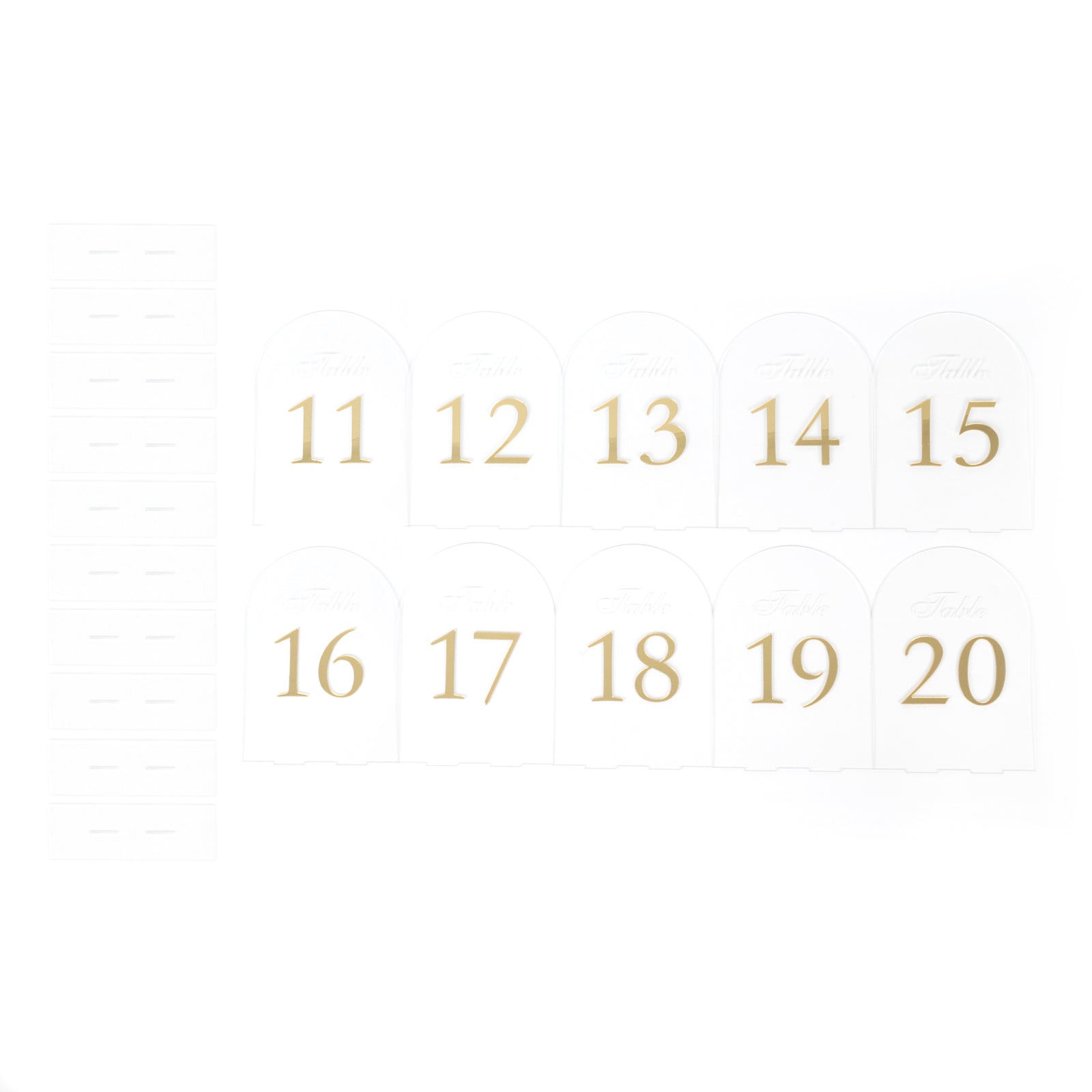 Clear arch acrylic table numbers with gold print for weddings, 11-20.