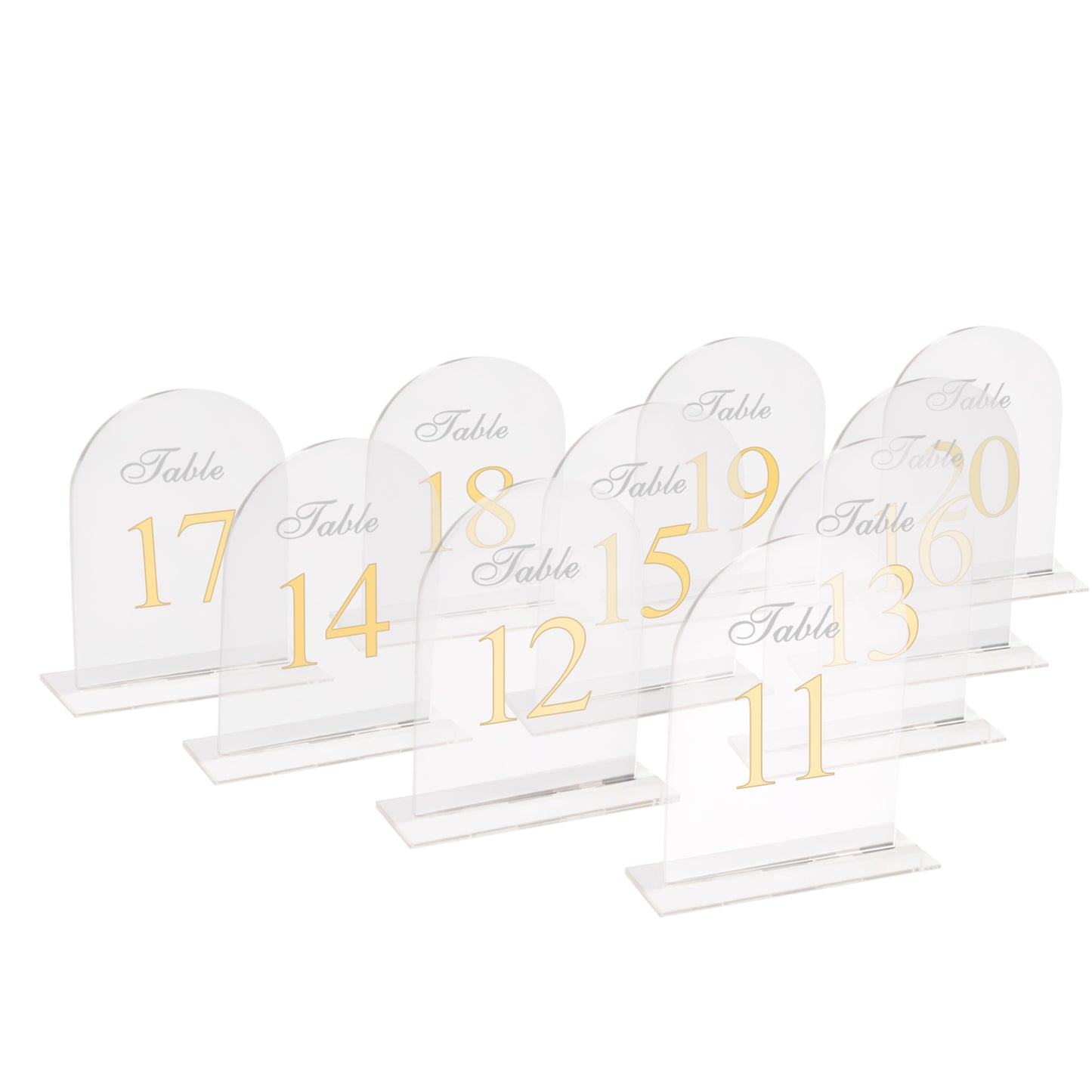 Clear arch acrylic table numbers with gold print, numbered 11-20, elegant wedding decor.