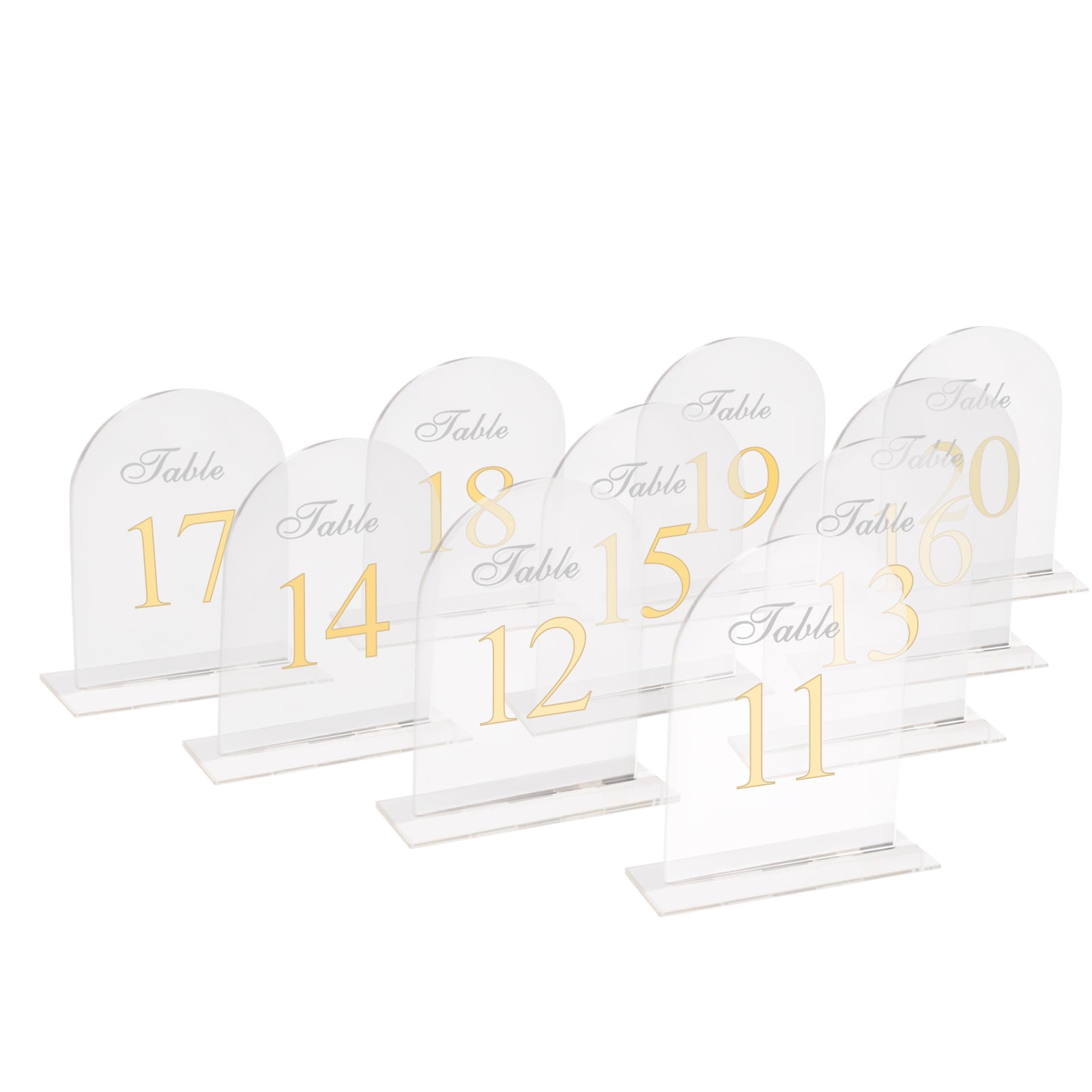 Clear arch acrylic table numbers with gold print, numbered 11-20, elegant wedding decor.
