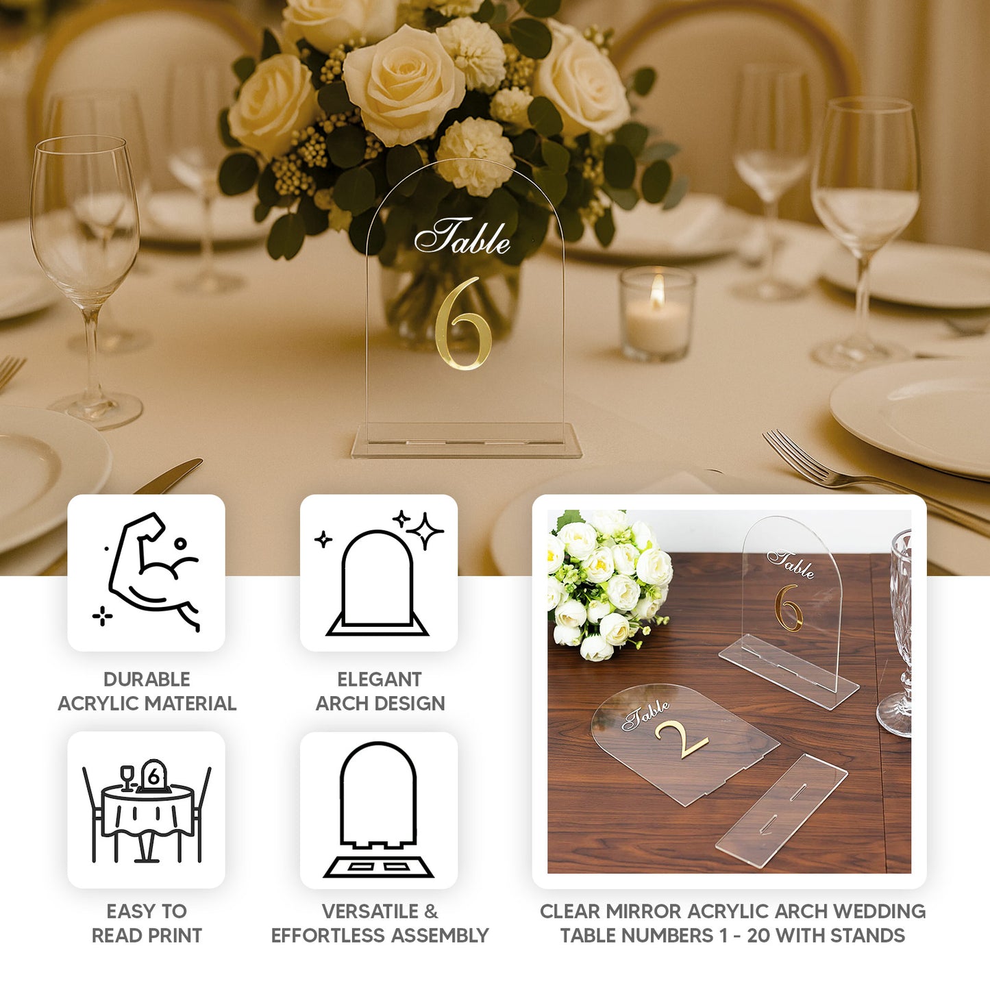 Clear arch acrylic table number sign with gold print, elegant wedding decor.