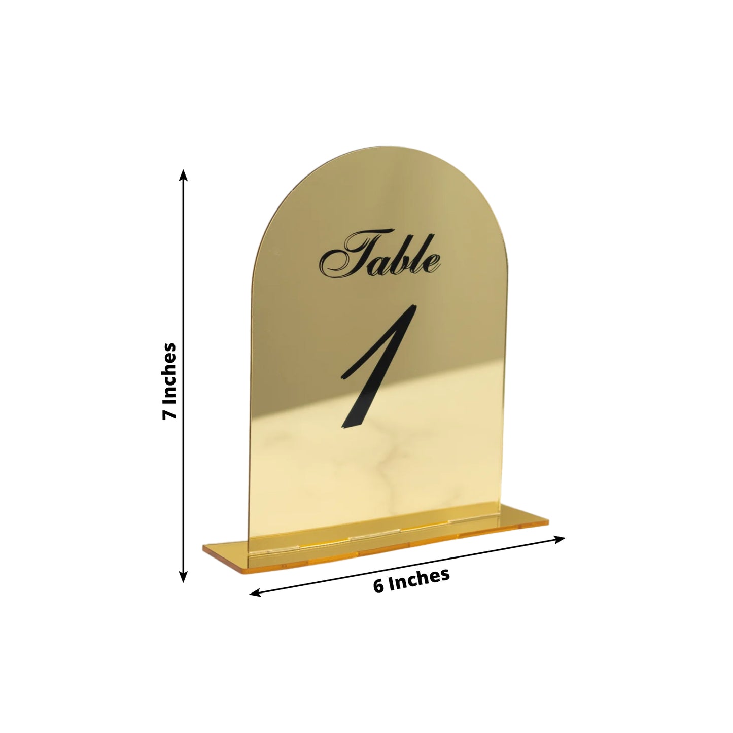 Gold mirror arch table number sign with black print, 6"x7".