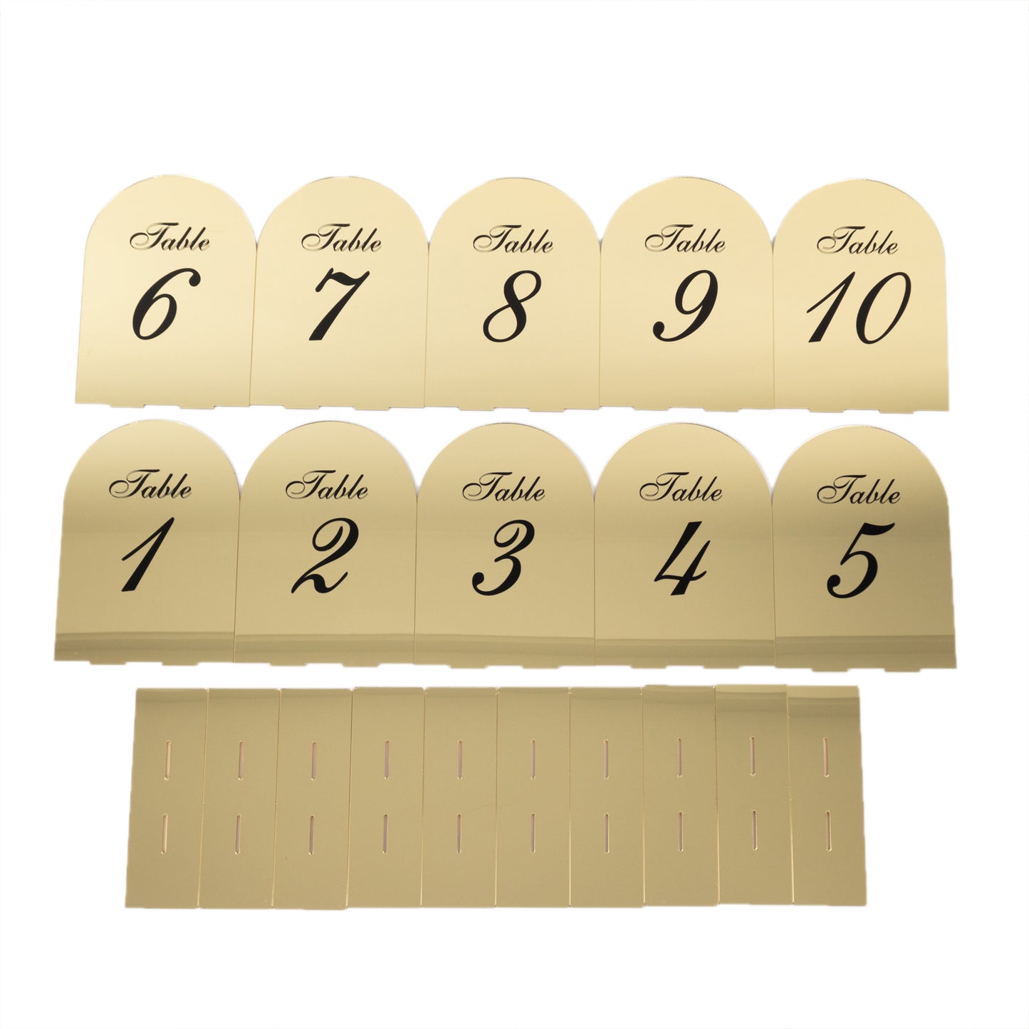 Gold mirror arch acrylic table numbers 1-10 with black print.