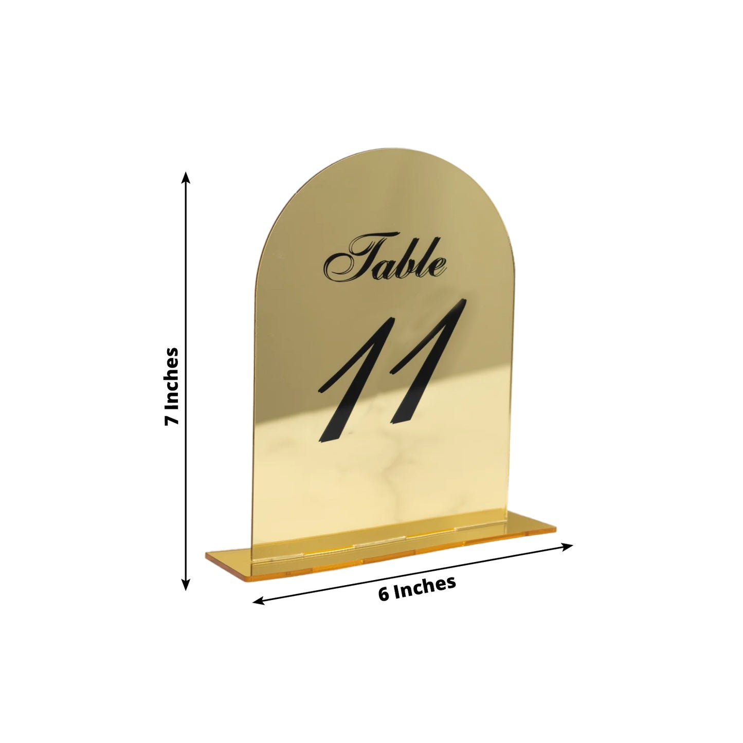 Gold mirror arch acrylic table number sign with black print, 6"x7".