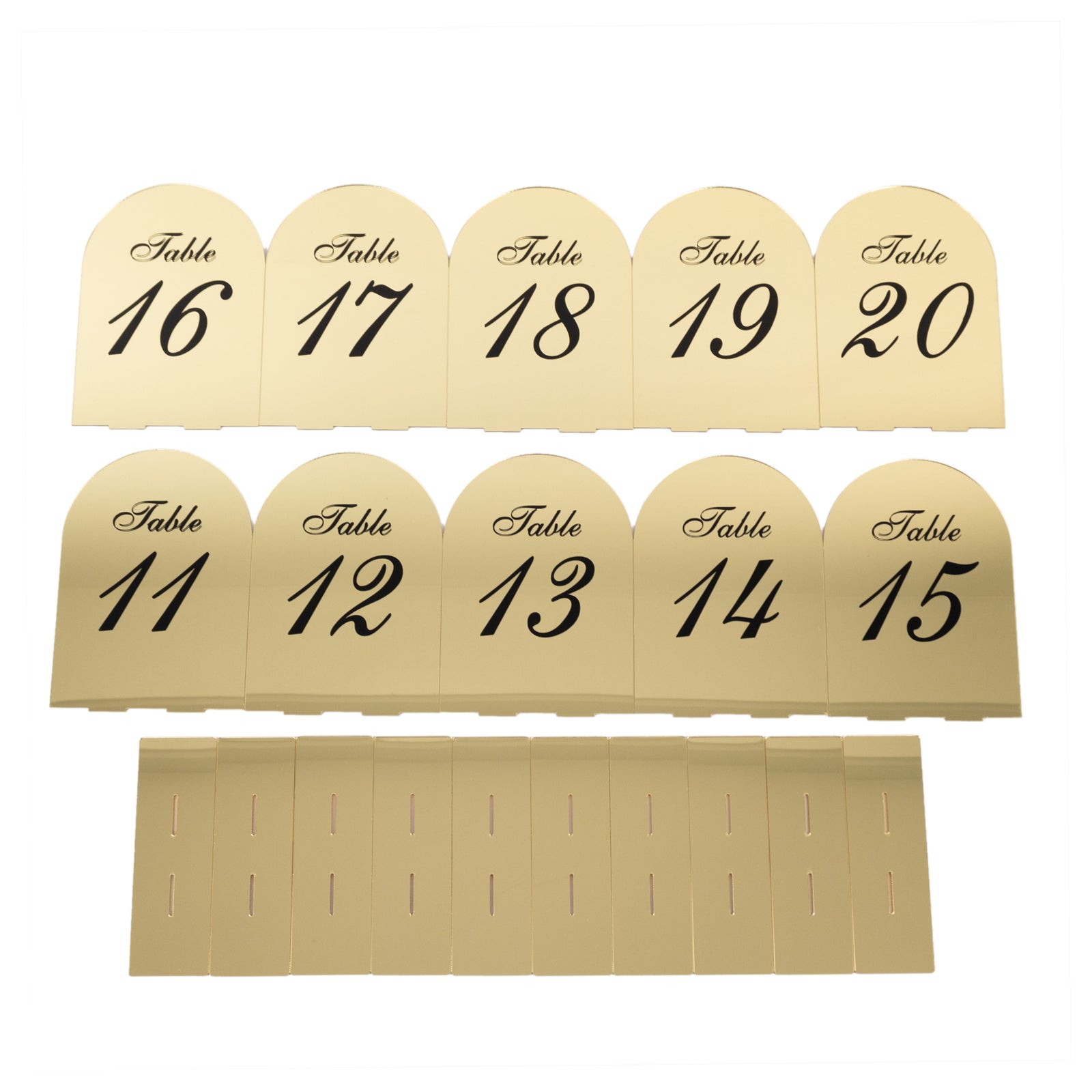 Gold mirror arch table numbers 11-20 with black print for wedding receptions.