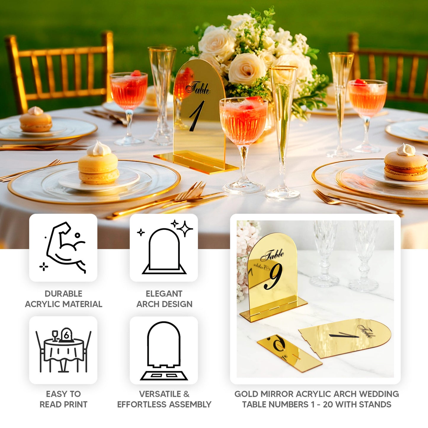 Gold mirror arch acrylic table numbers with black print and stands.